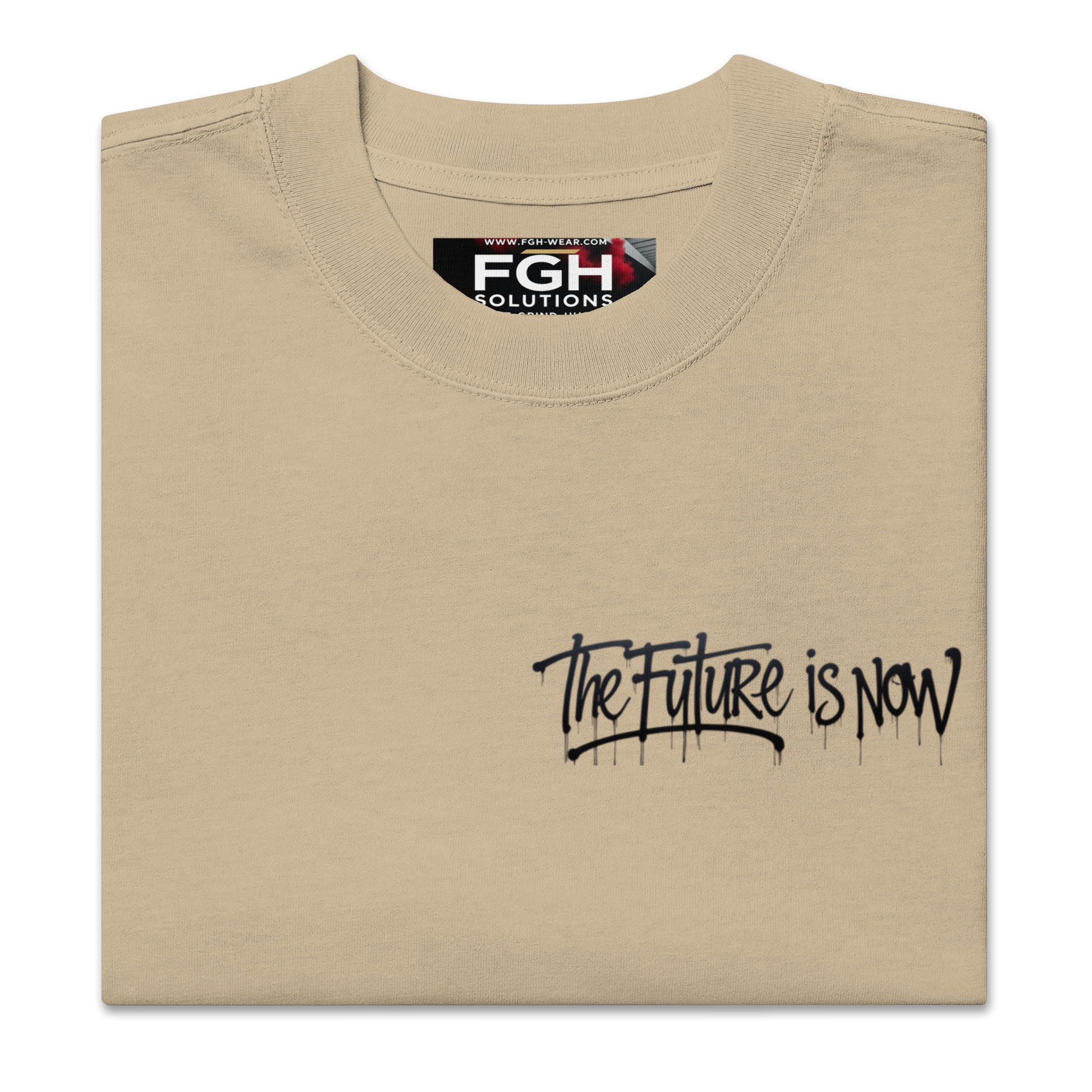 Two men in oversized faded t-shirts sitting by the waterfront, with bold FGH graffiti and a city skyline in the background – urban streetwear aesthetic.