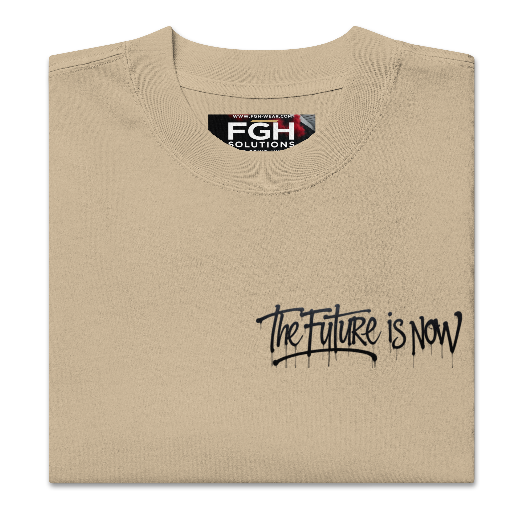 Two men in oversized faded t-shirts sitting by the waterfront, with bold FGH graffiti and a city skyline in the background – urban streetwear aesthetic.