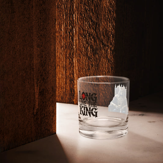 Premium rocks glass with Long Live The King gothic print on wooden surface, ideal for whiskey or cocktails, part of FGH Hustler Collection