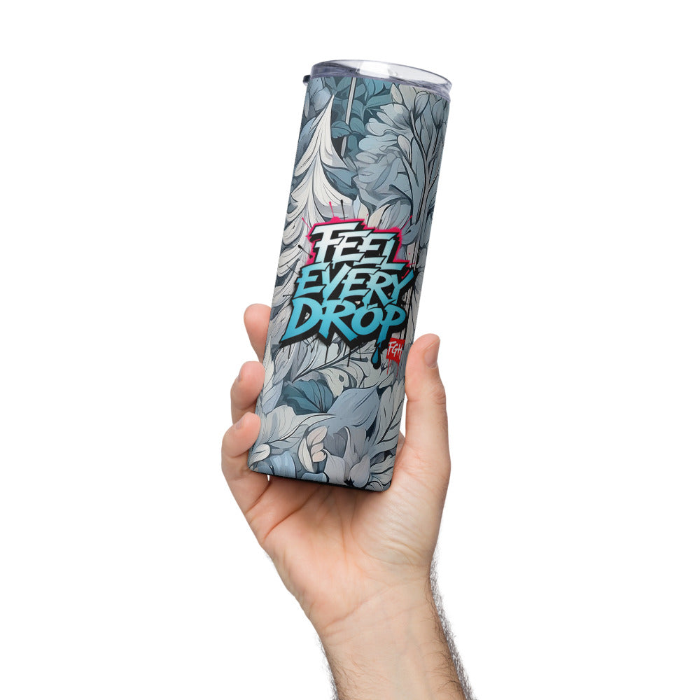 “FGH stainless steel tumbler with graffiti design ‘Feel Every Drop’, premium drinkware for hot and cold drinks”