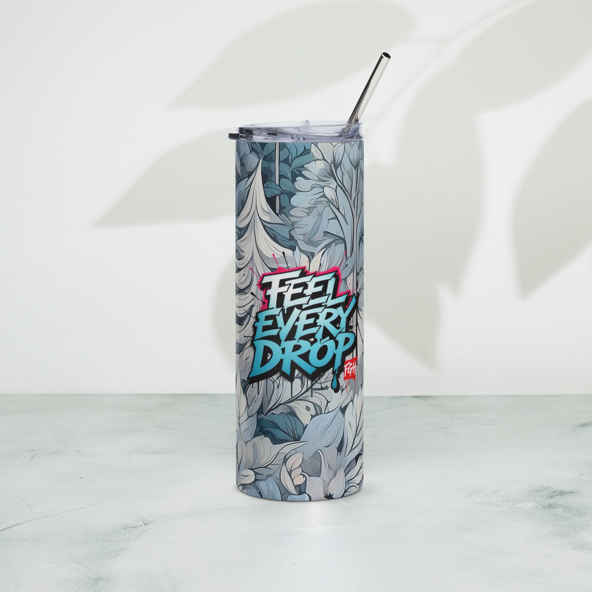 “FGH stainless steel tumbler with graffiti design ‘Feel Every Drop’, premium drinkware for hot and cold drinks”