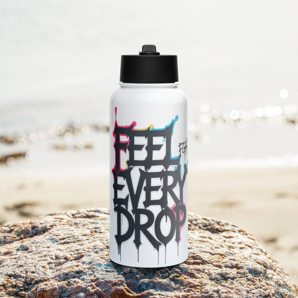 Feel Every Drop premium stainless steel water bottle with straw lid, featuring graffiti design.