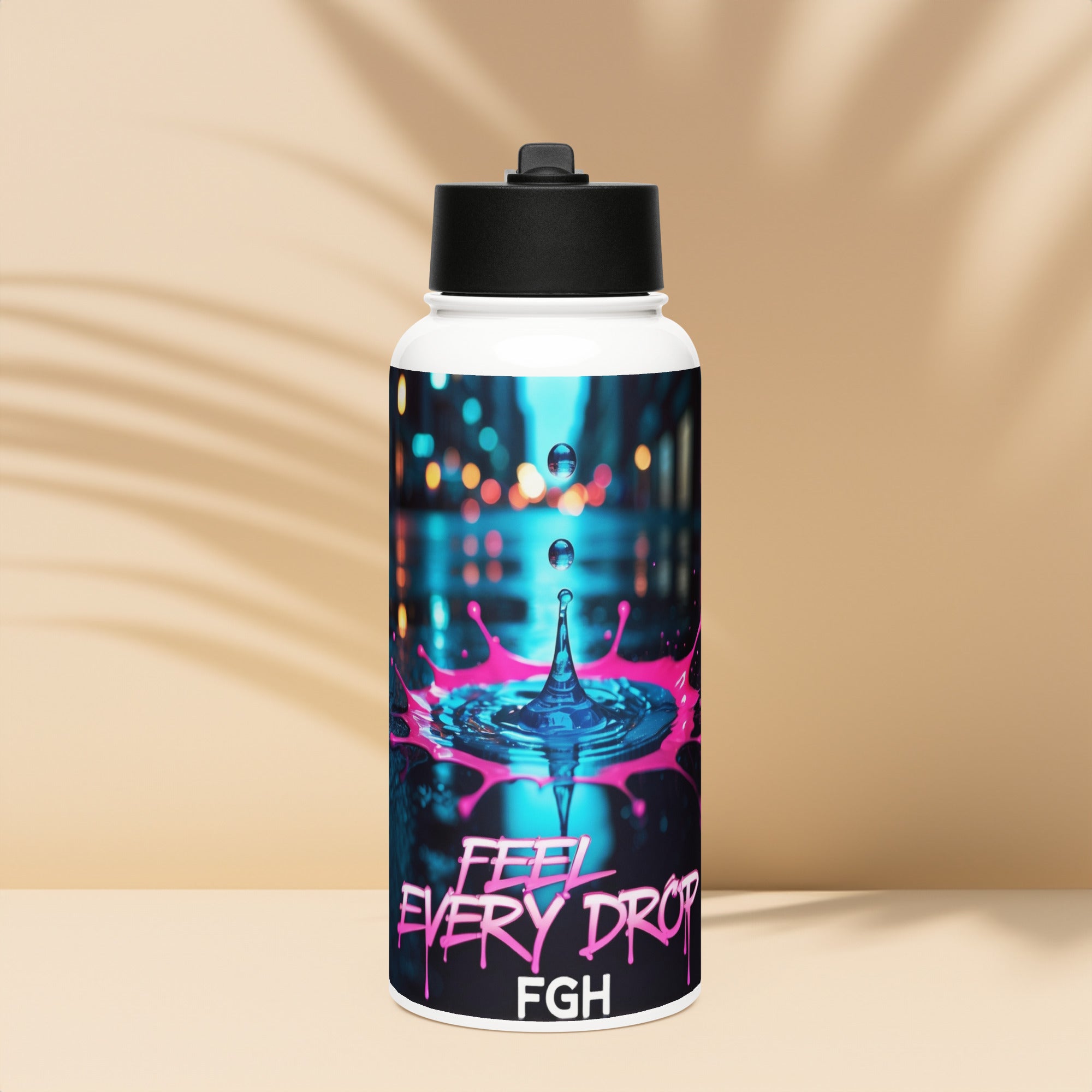 Feel Every Drop premium stainless steel water bottle with straw lid, featuring graffiti design.
