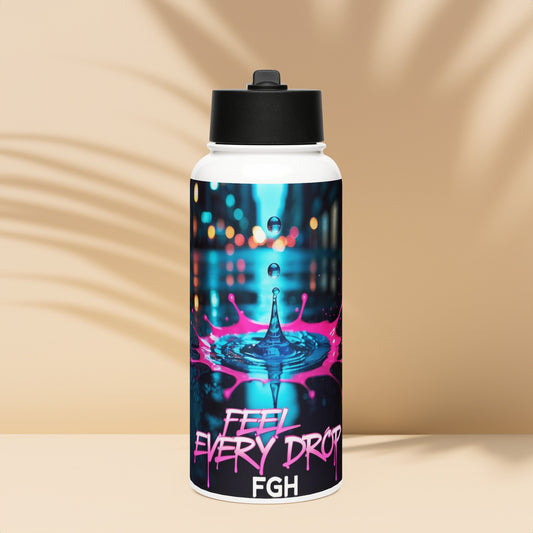 Feel Every Drop premium stainless steel water bottle with straw lid, featuring graffiti design.