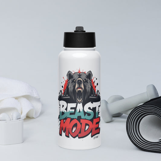 Beast Mode premium stainless steel water bottle with straw lid, featuring graffiti design.