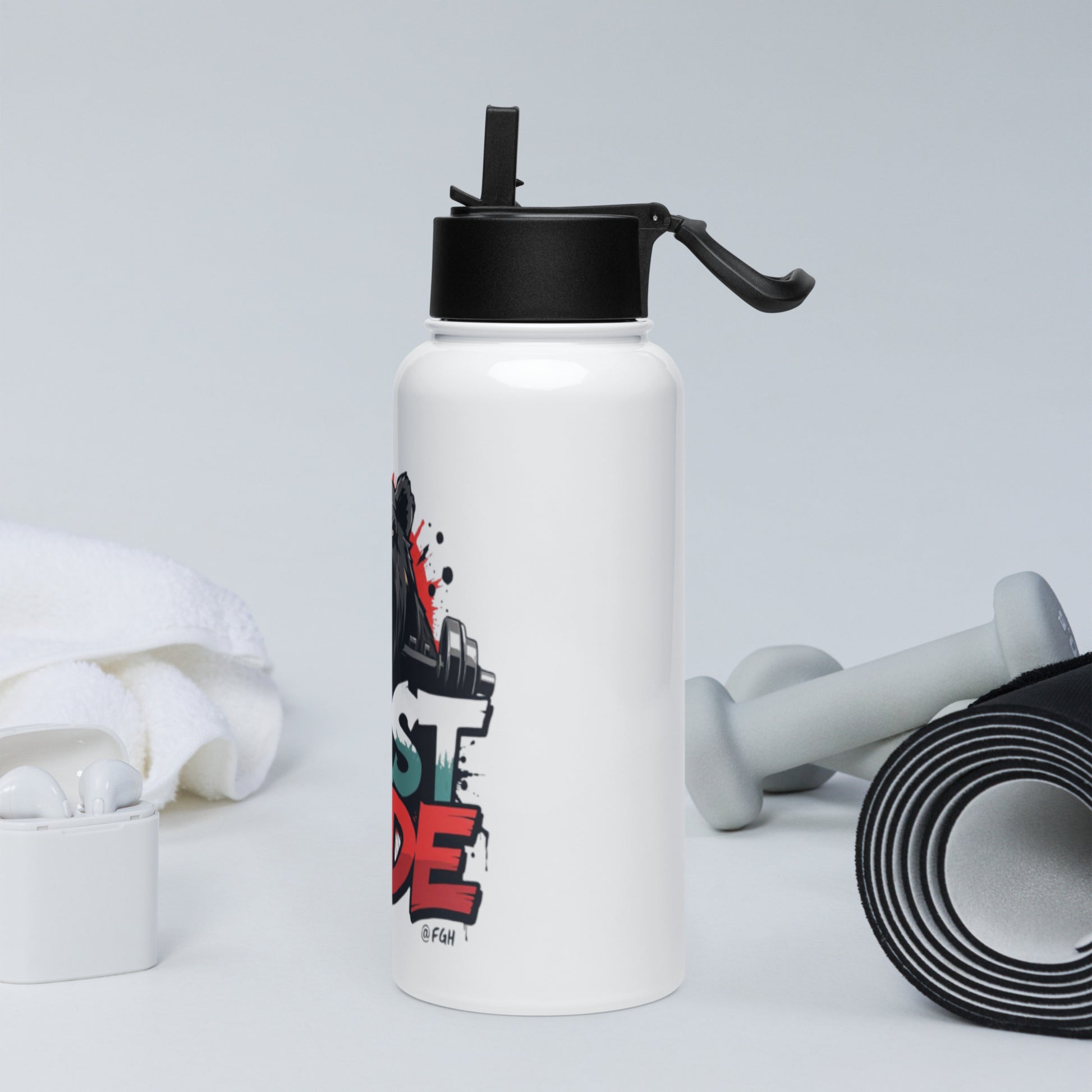 Beast Mode premium stainless steel water bottle with straw lid, featuring graffiti design.