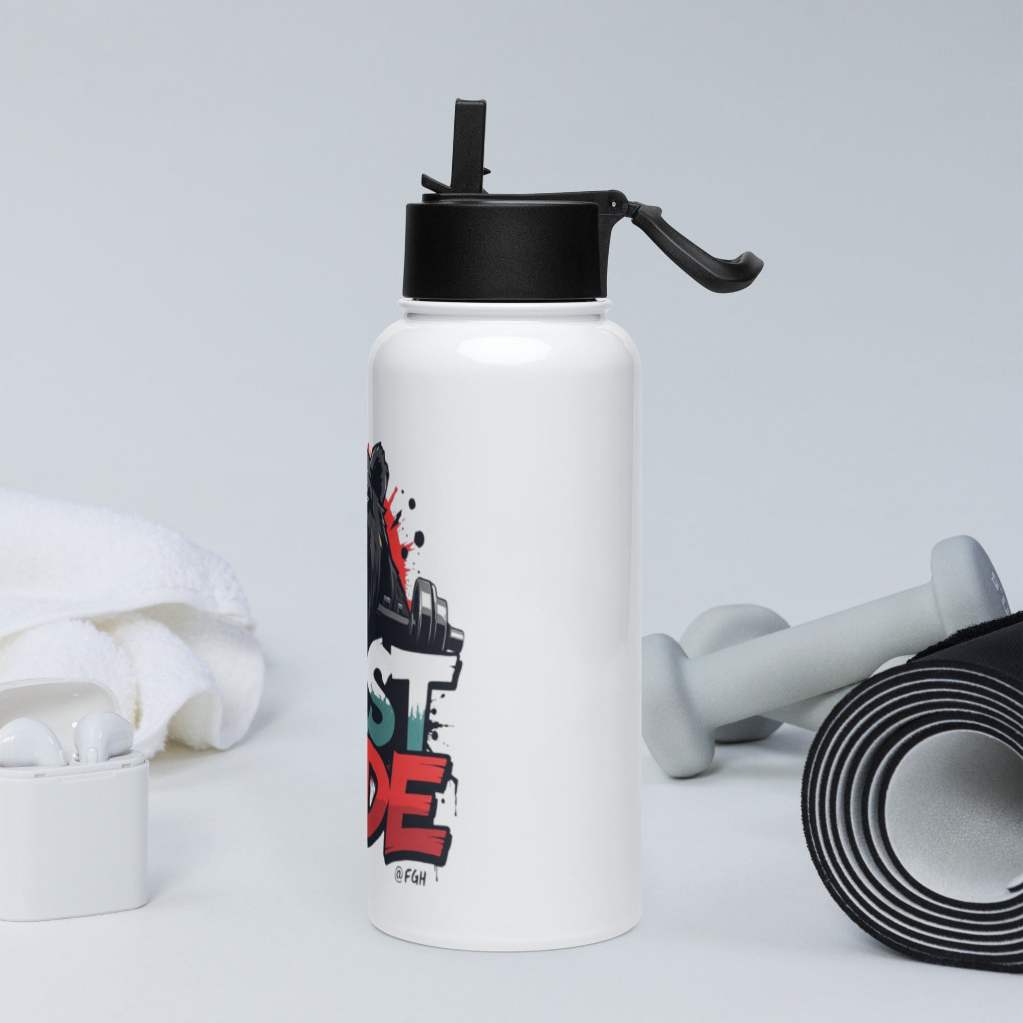 Beast Mode premium stainless steel water bottle with straw lid, featuring graffiti design.
