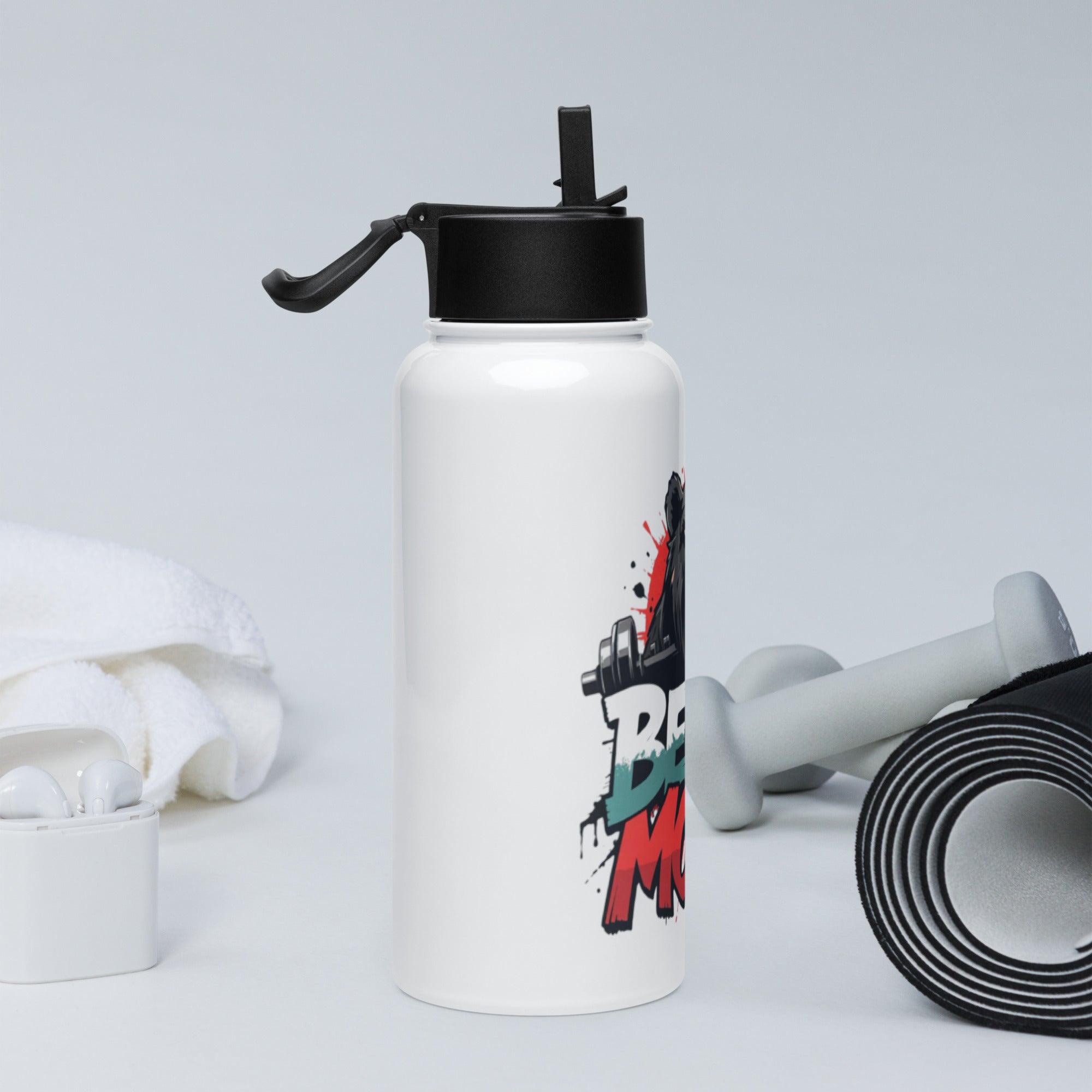 Beast Mode premium stainless steel water bottle with straw lid, featuring graffiti design.