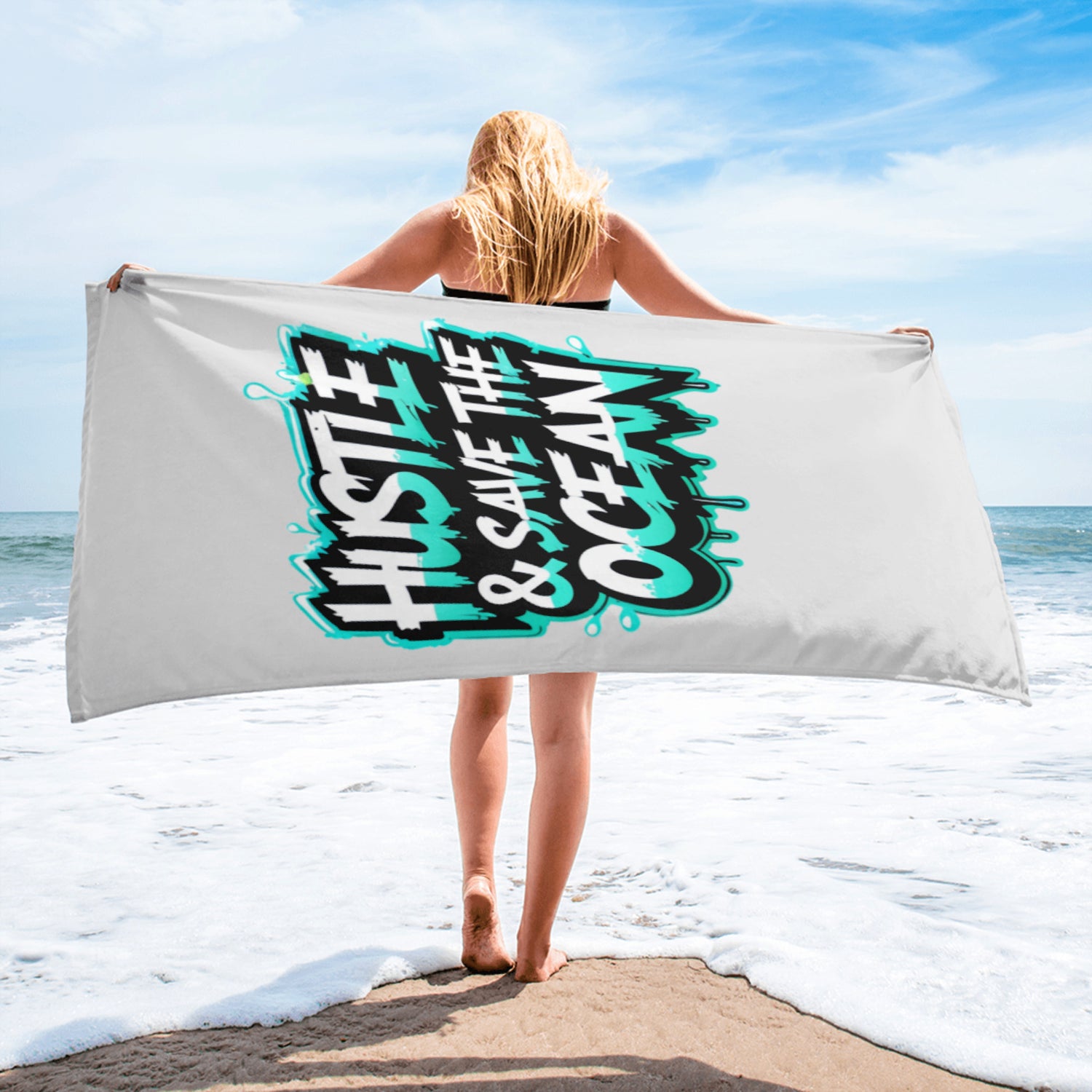 Hustle & Save the Ocean beach towel with graffiti design, ideal for dedicated hustlers.