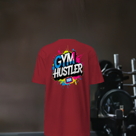 Red FGH Gym Hustler cotton shirt featuring urban graffiti design, premium streetwear for dedicated athletes.