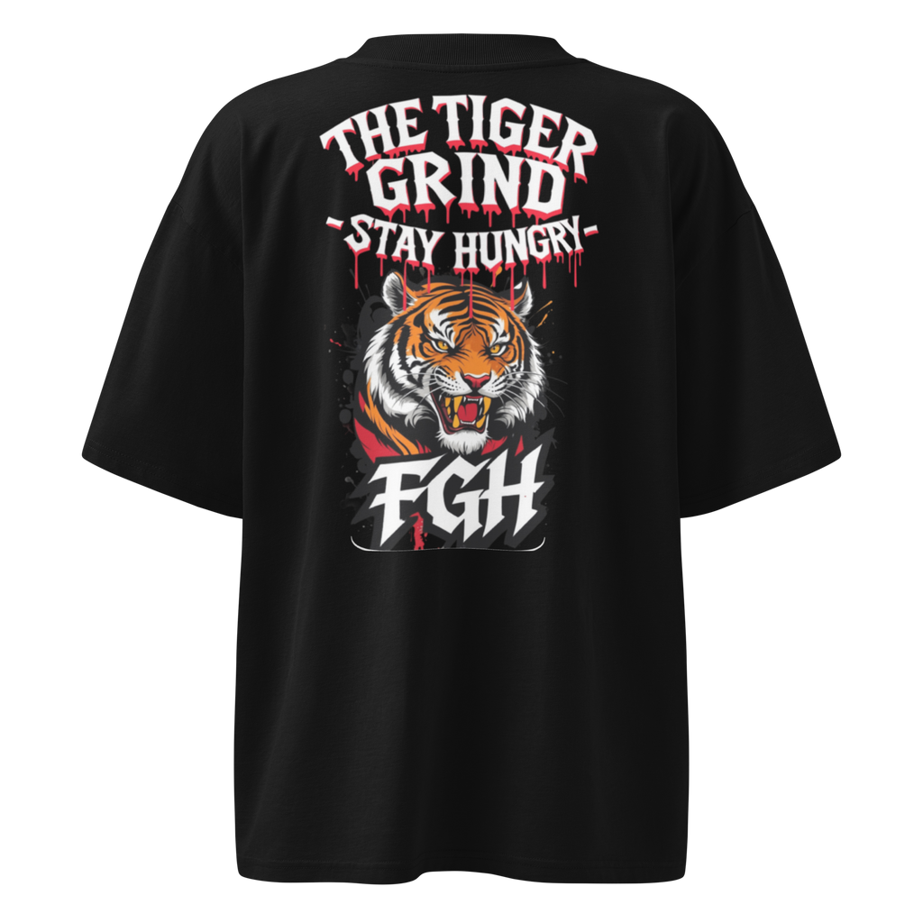 "Tiger Grind Stay Hungry Black Shirt - Bio Baumwolle Oversized High Neck mit Graffiti Urban Design"