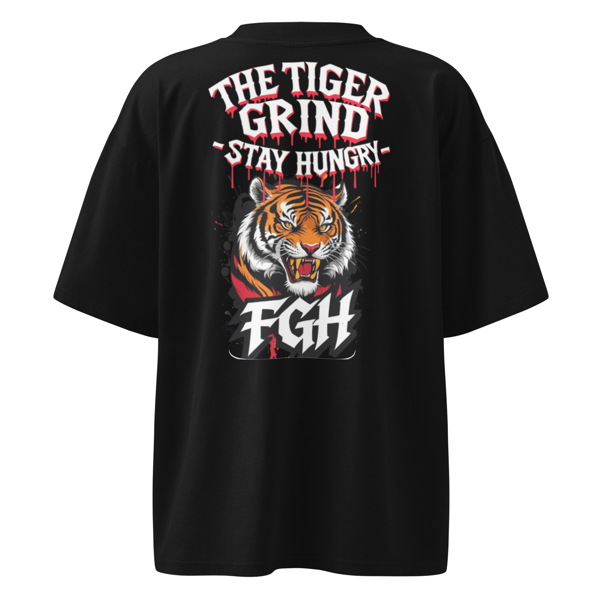 "Tiger Grind Stay Hungry Black Shirt - Bio Baumwolle Oversized High Neck mit Graffiti Urban Design"
