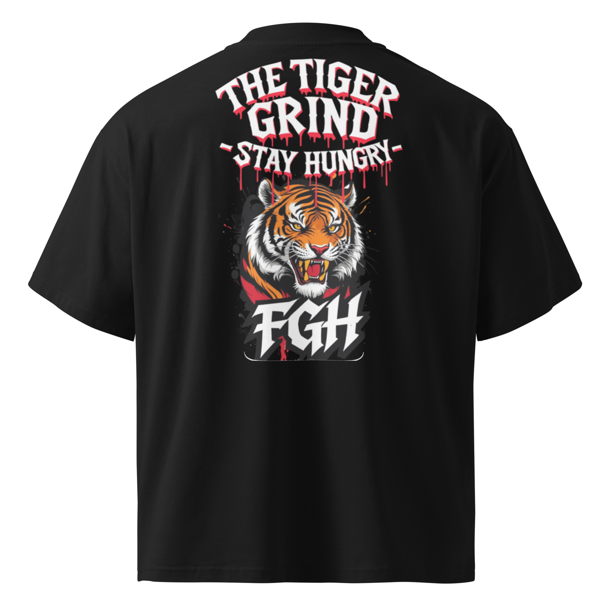 "Tiger Grind Stay Hungry Black Shirt - Bio Baumwolle Oversized High Neck mit Graffiti Urban Design"
