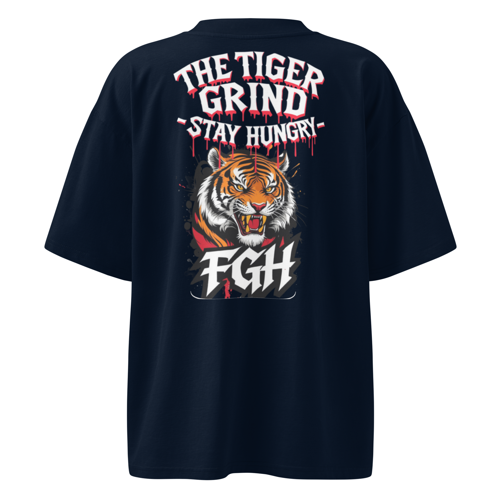 "Tiger Grind Stay Hungry Black Shirt - Bio Baumwolle Oversized High Neck mit Graffiti Urban Design"