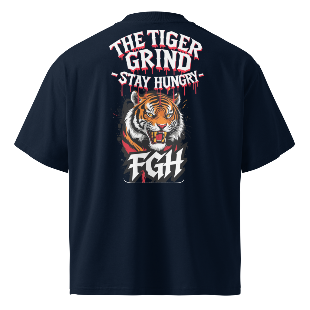 "Tiger Grind Stay Hungry Black Shirt - Bio Baumwolle Oversized High Neck mit Graffiti Urban Design"