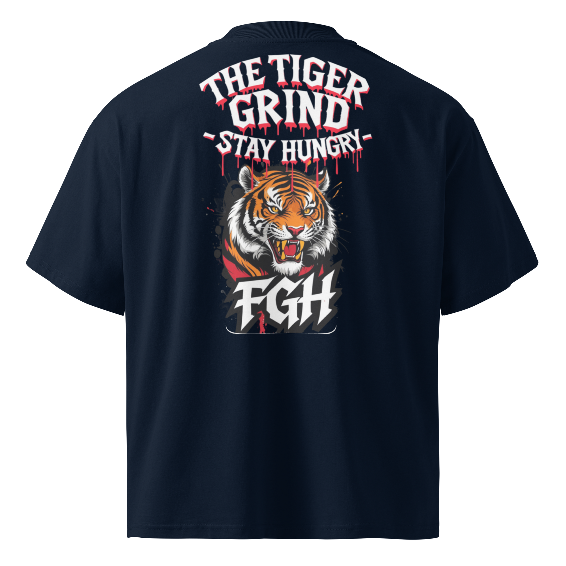 "Tiger Grind Stay Hungry Black Shirt - Bio Baumwolle Oversized High Neck mit Graffiti Urban Design"