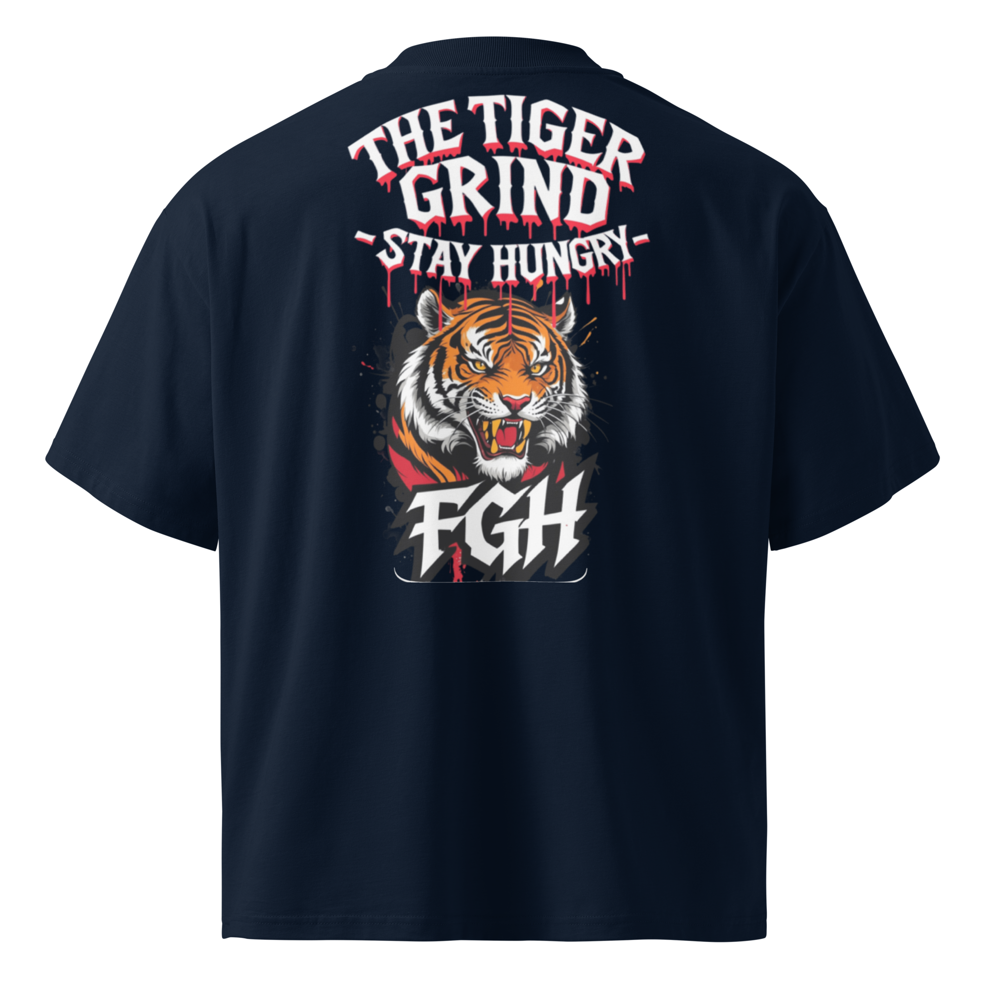 "Tiger Grind Stay Hungry Black Shirt - Bio Baumwolle Oversized High Neck mit Graffiti Urban Design"