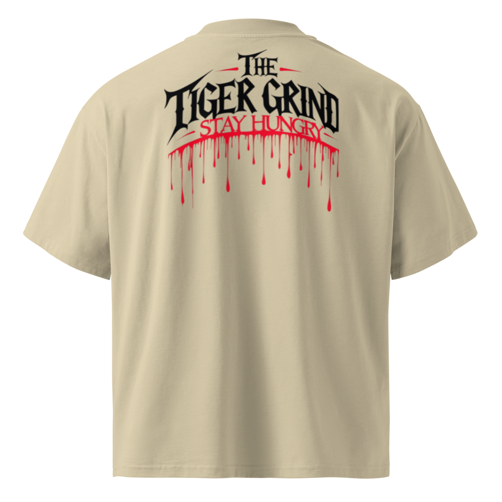 "Tiger Grind Dripping Backprint - Stay Hungry Slogan in Graffiti Style auf Bio Baumwolle"