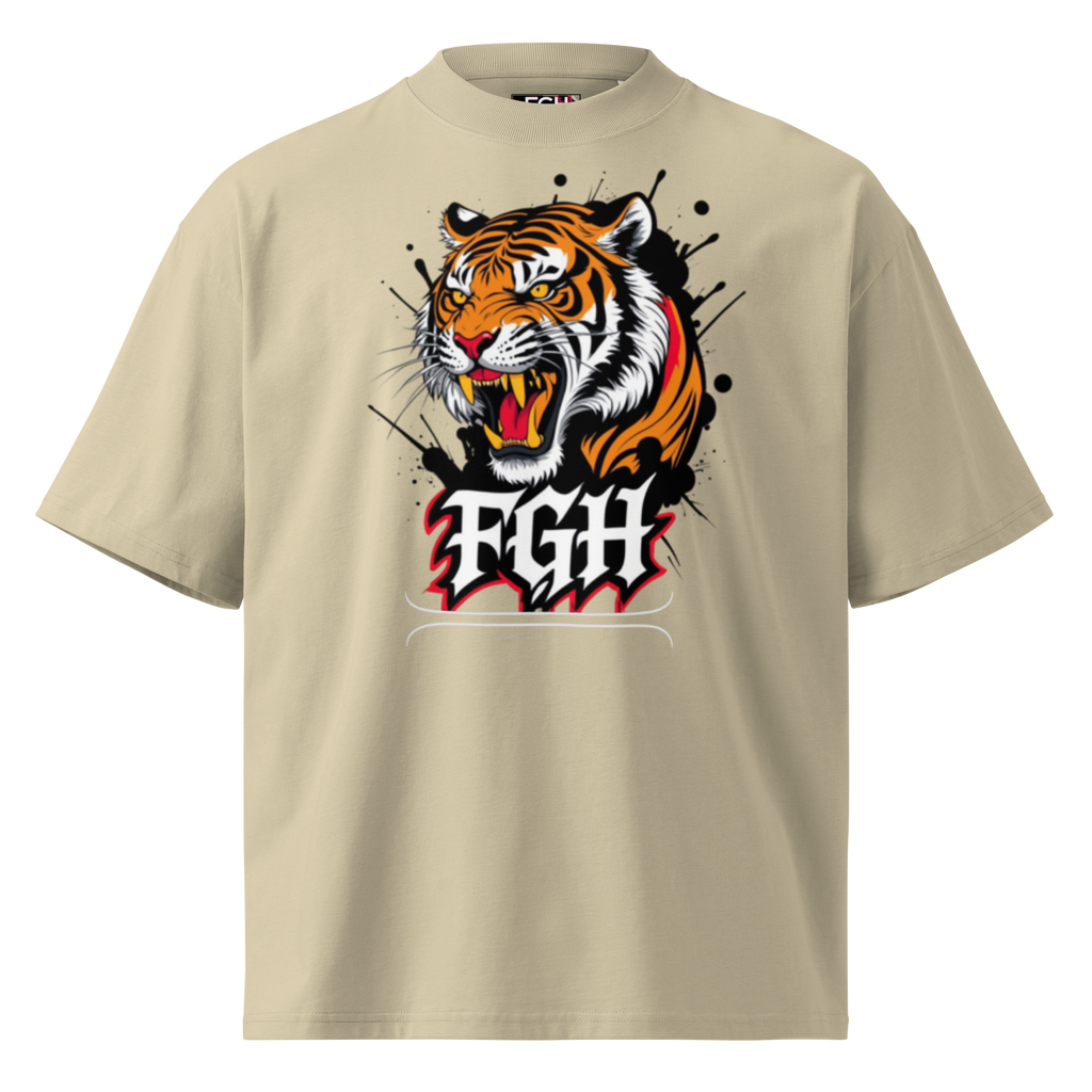 "Tiger Grind Stay Hungry Beige Shirt - Bio Baumwolle Oversized High Neck T-Shirt mit Graffiti Tiger"