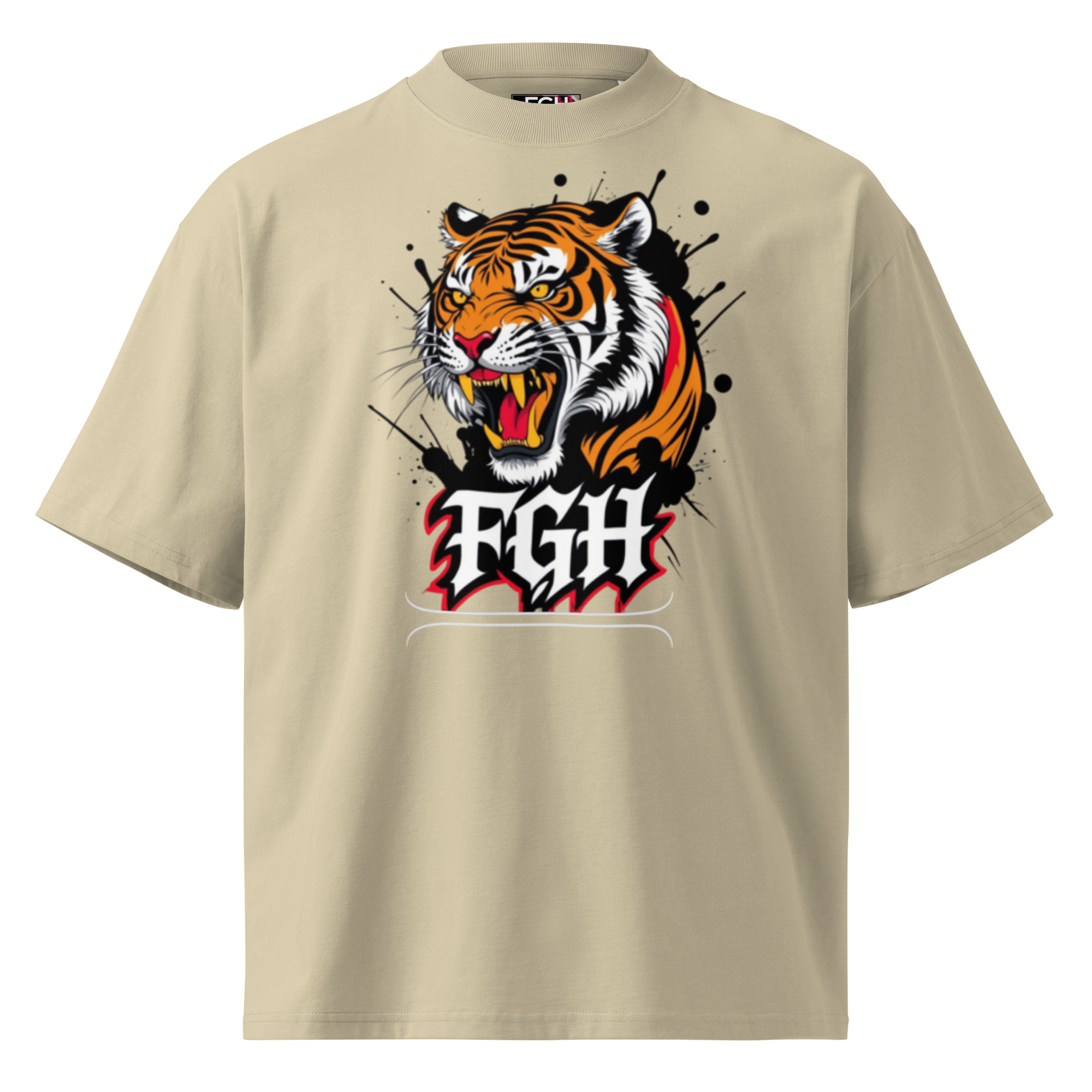 "Tiger Grind Stay Hungry Beige Shirt - Bio Baumwolle Oversized High Neck T-Shirt mit Graffiti Tiger"