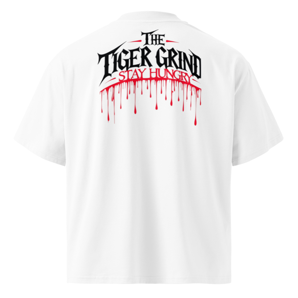 "Tiger Grind Dripping Backprint - Stay Hungry Slogan in Graffiti Style auf Bio Baumwolle"