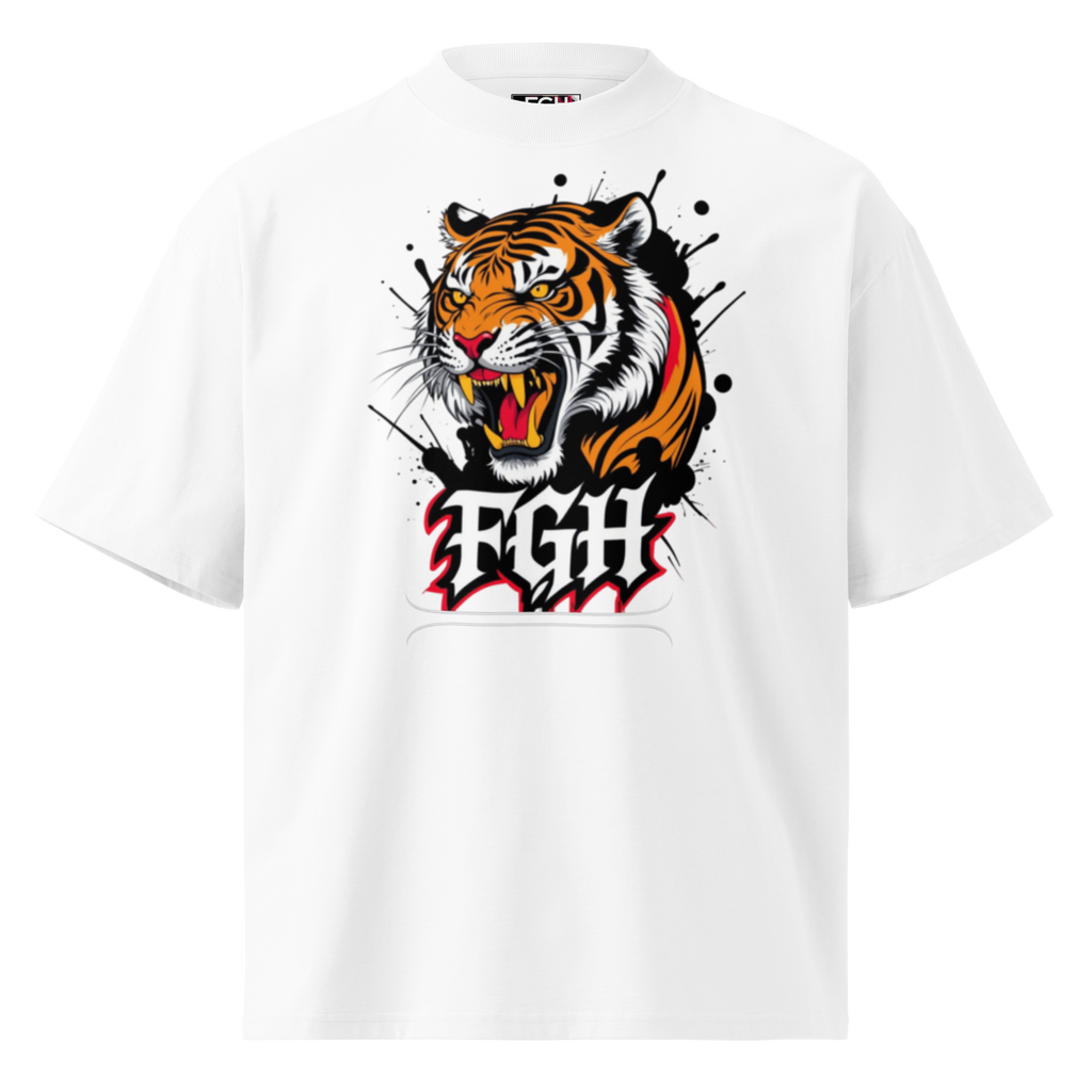 "Tiger Grind Stay Hungry Beige Shirt - Bio Baumwolle Oversized High Neck T-Shirt mit Graffiti Tiger"