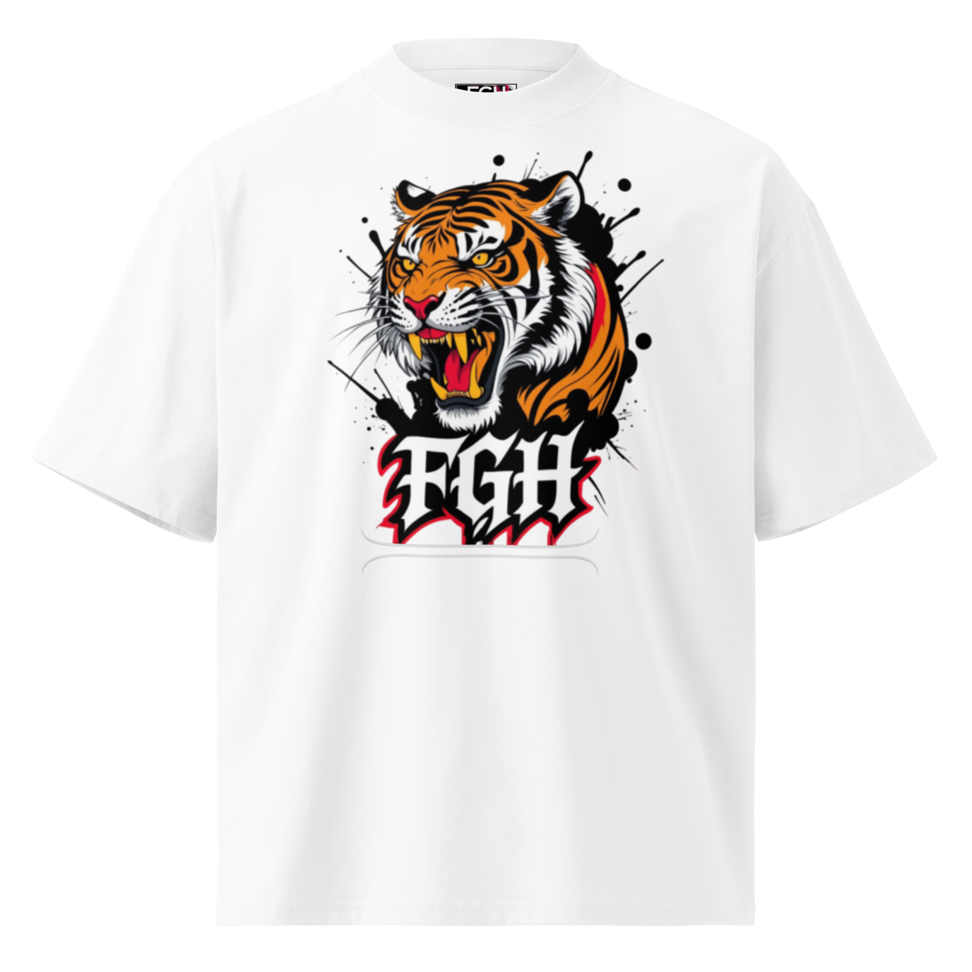 "Tiger Grind Stay Hungry Beige Shirt - Bio Baumwolle Oversized High Neck T-Shirt mit Graffiti Tiger"