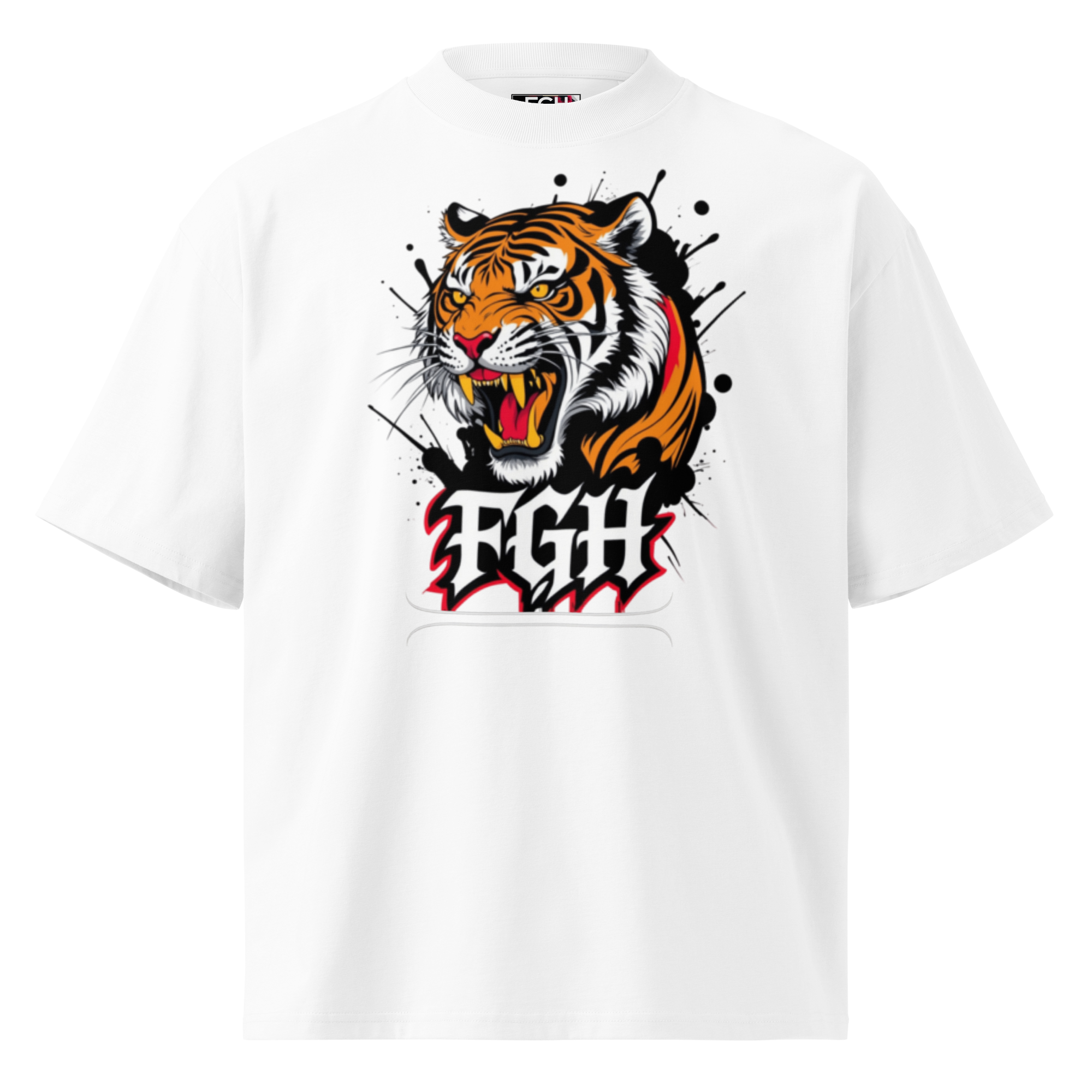 "Tiger Grind Stay Hungry Beige Shirt - Bio Baumwolle Oversized High Neck T-Shirt mit Graffiti Tiger"