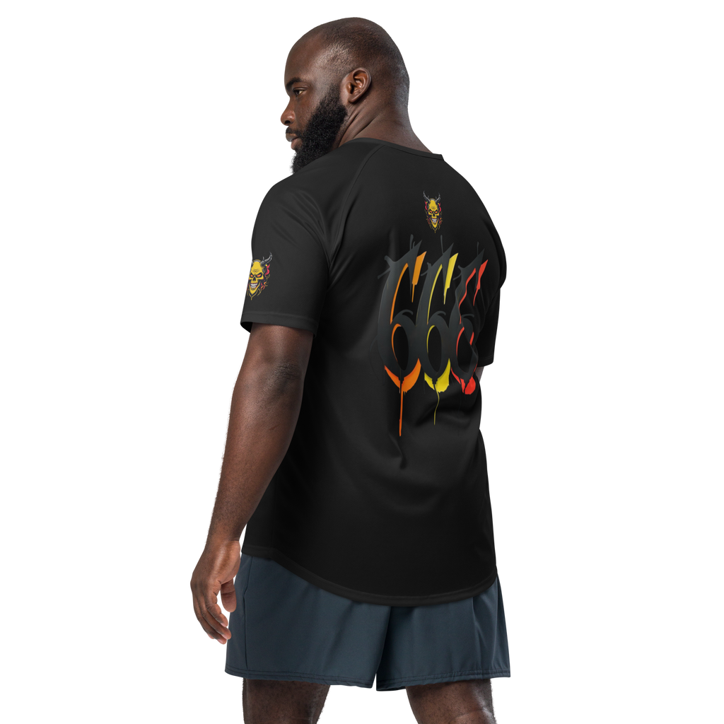 Back view of Devilz Athletics 666 mesh jersey featuring fire devil skull and bold 666 graffiti graphic – hardcore workout design