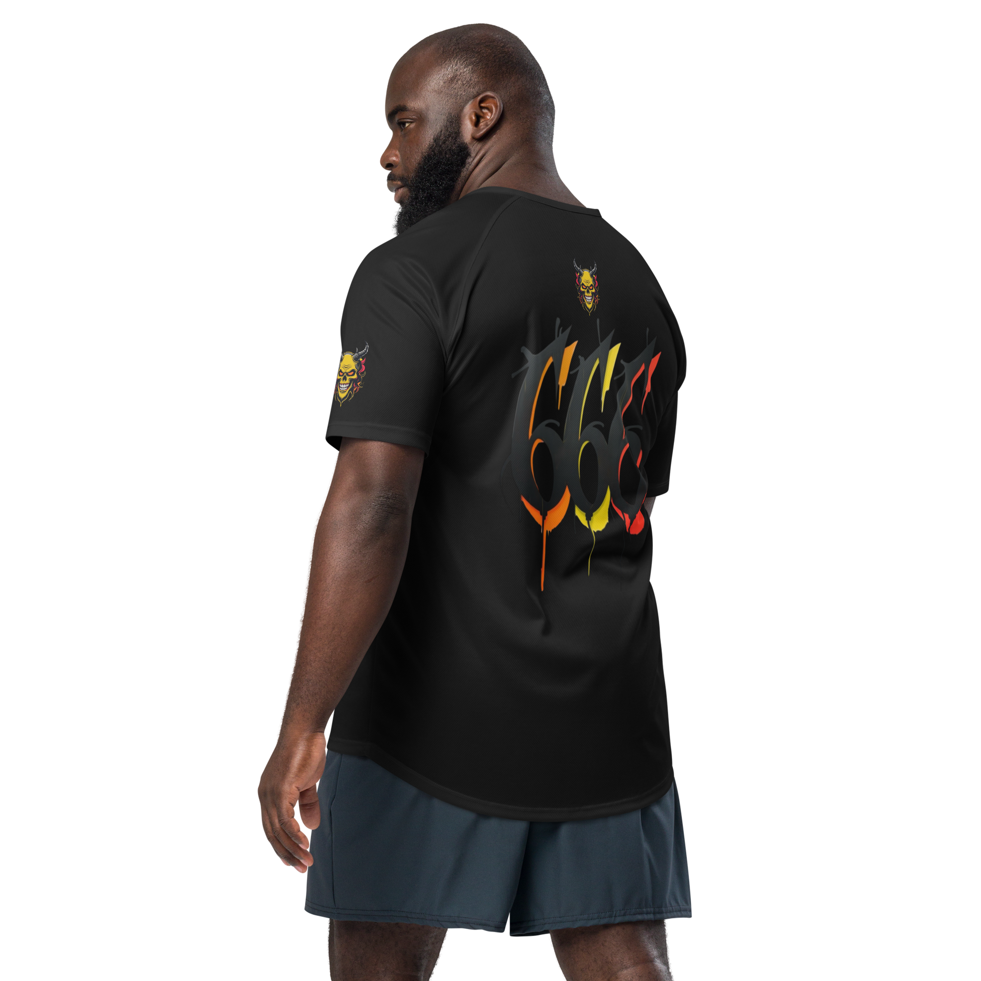 Back view of Devilz Athletics 666 mesh jersey featuring fire devil skull and bold 666 graffiti graphic – hardcore workout design