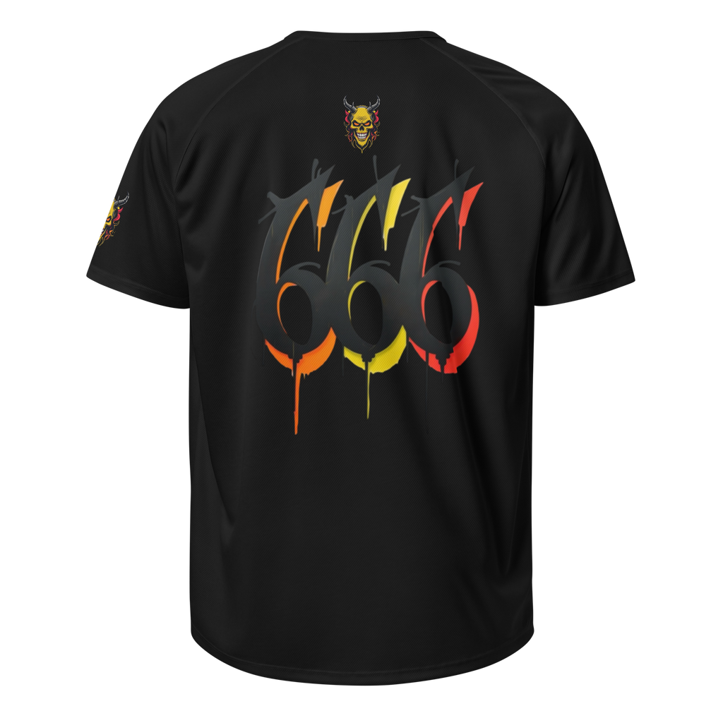 Back view of Devilz Athletics 666 mesh jersey featuring fire devil skull and bold 666 graffiti graphic – hardcore workout design