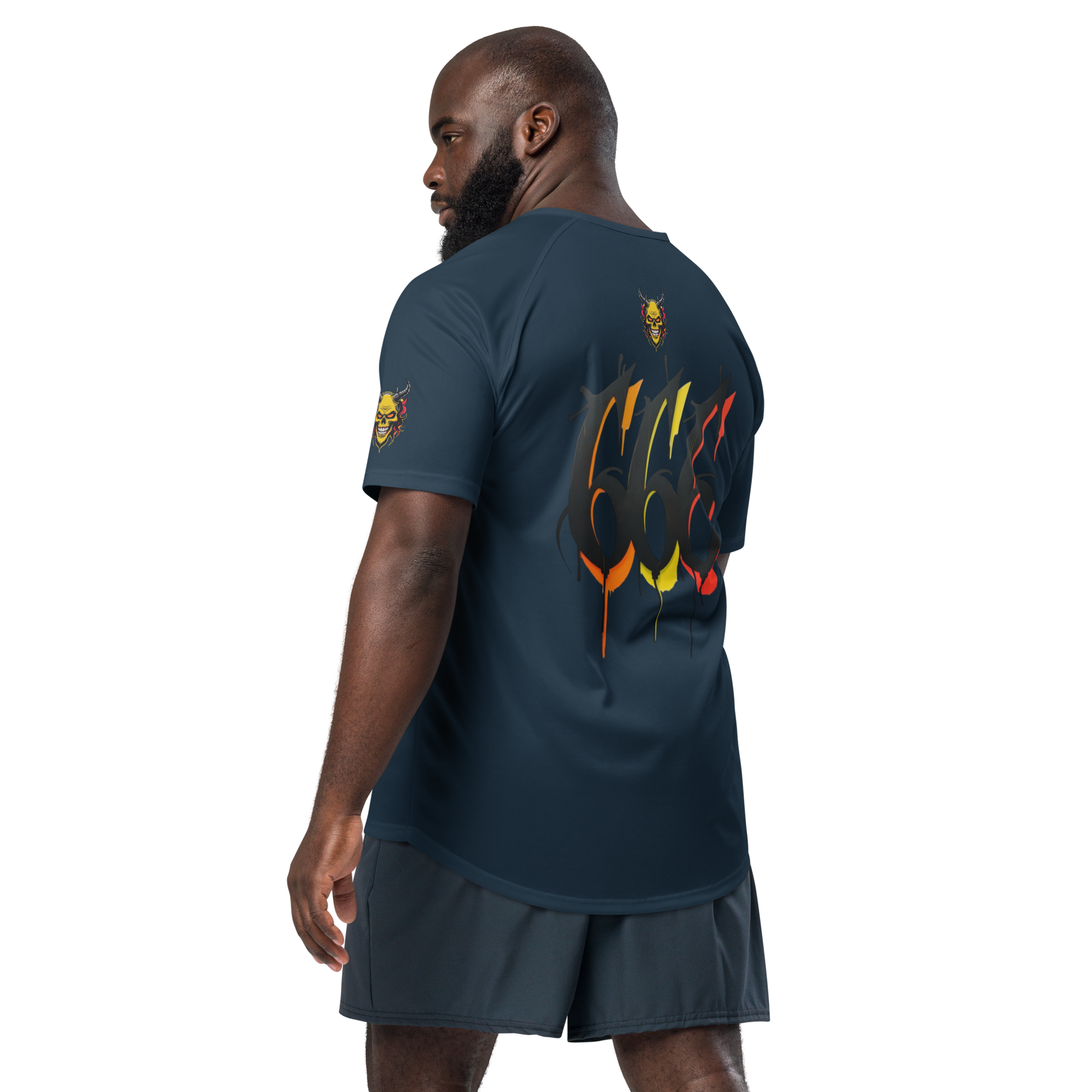 Back view of Devilz Athletics 666 mesh jersey featuring fire devil skull and bold 666 graffiti graphic – hardcore workout design