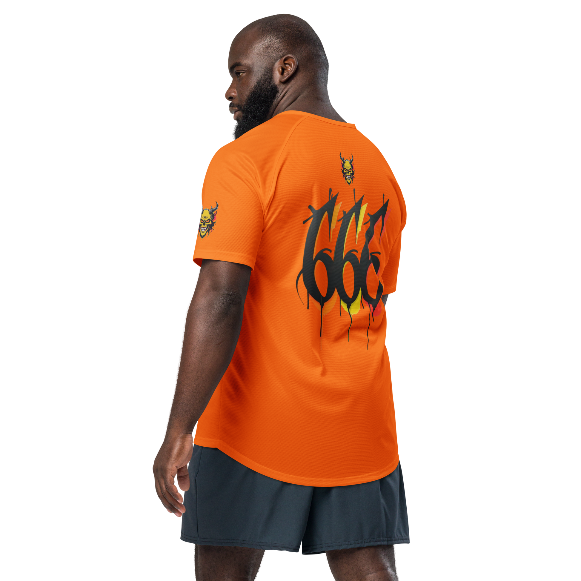 Back view of Devilz Athletics 666 mesh jersey featuring fire devil skull and bold 666 graffiti graphic – hardcore workout design