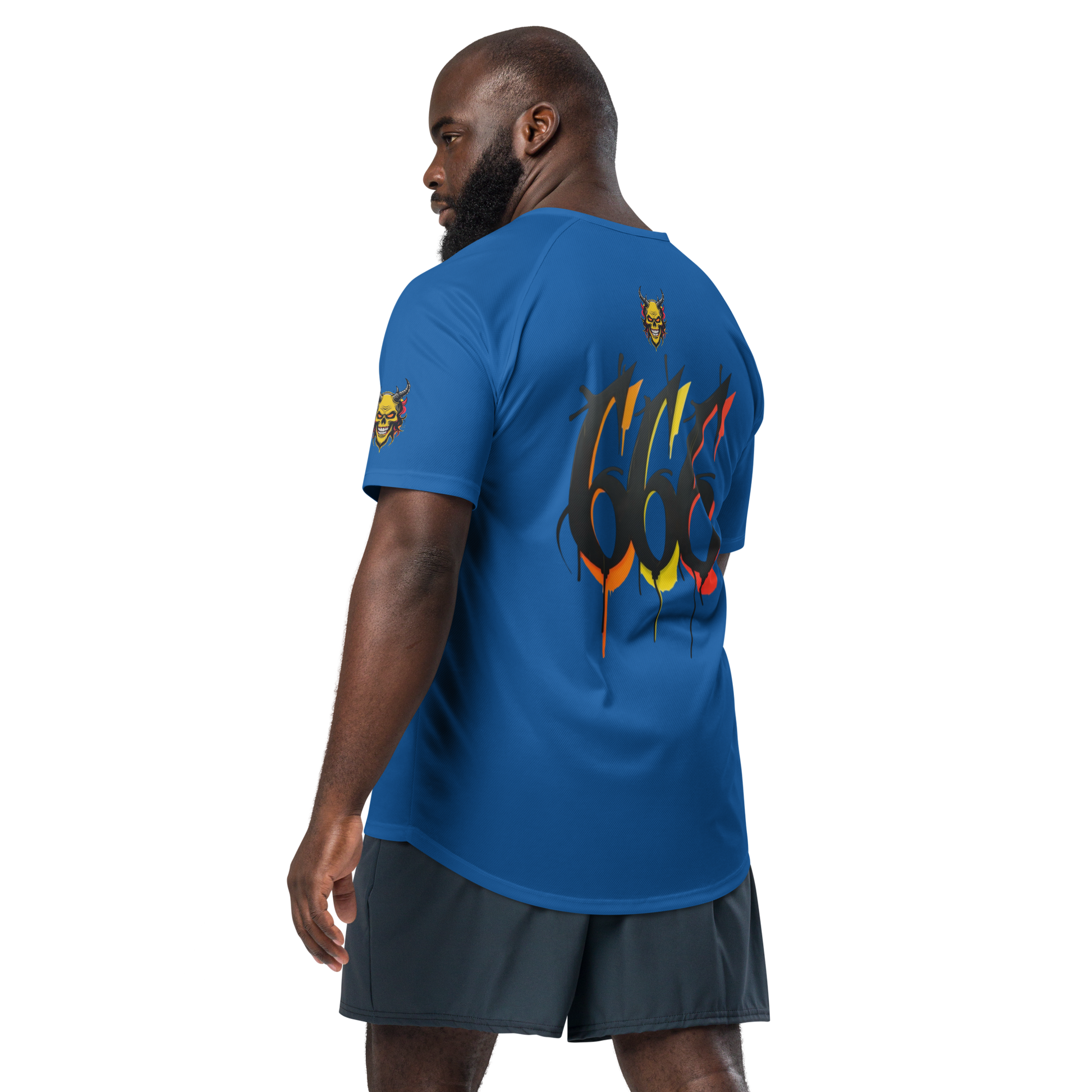 Back view of Devilz Athletics 666 mesh jersey featuring fire devil skull and bold 666 graffiti graphic – hardcore workout design