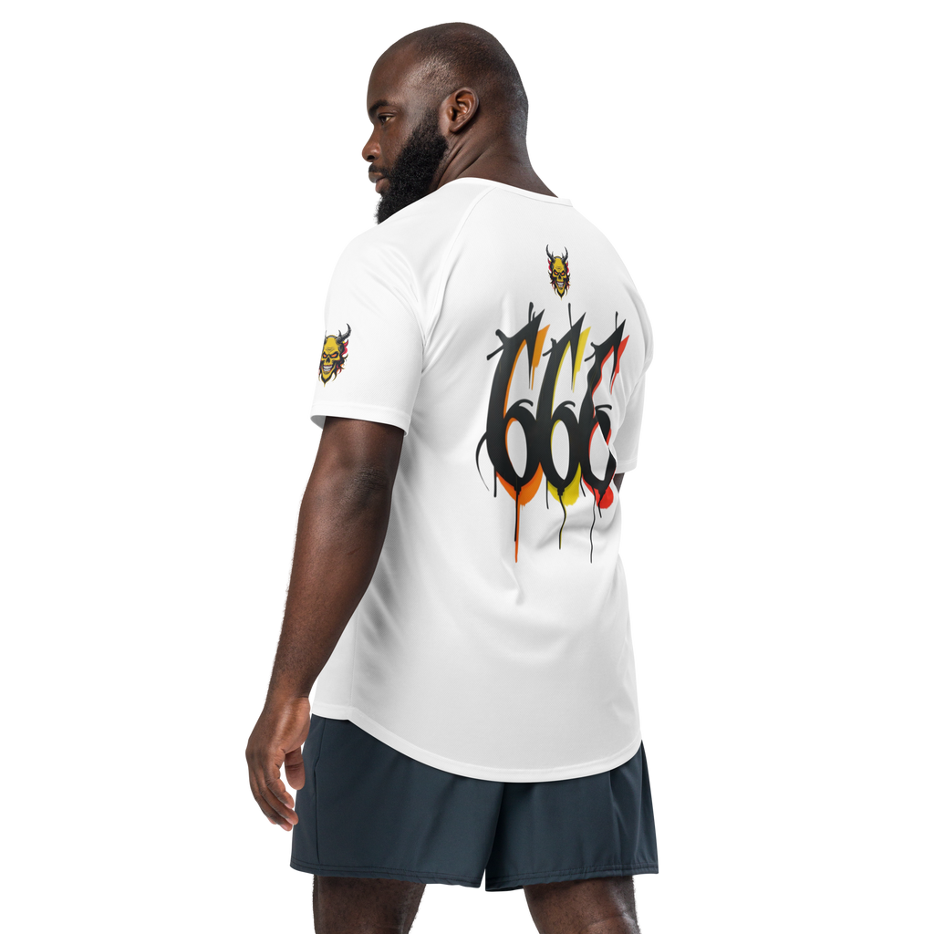 Back view of Devilz Athletics 666 mesh jersey featuring fire devil skull and bold 666 graffiti graphic – hardcore workout design