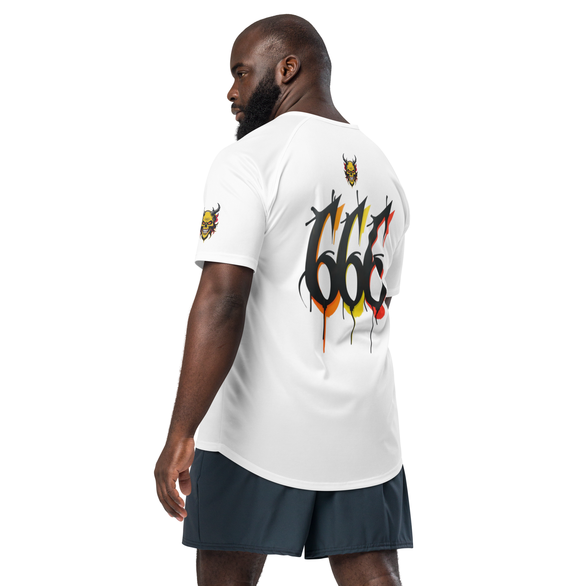 Back view of Devilz Athletics 666 mesh jersey featuring fire devil skull and bold 666 graffiti graphic – hardcore workout design