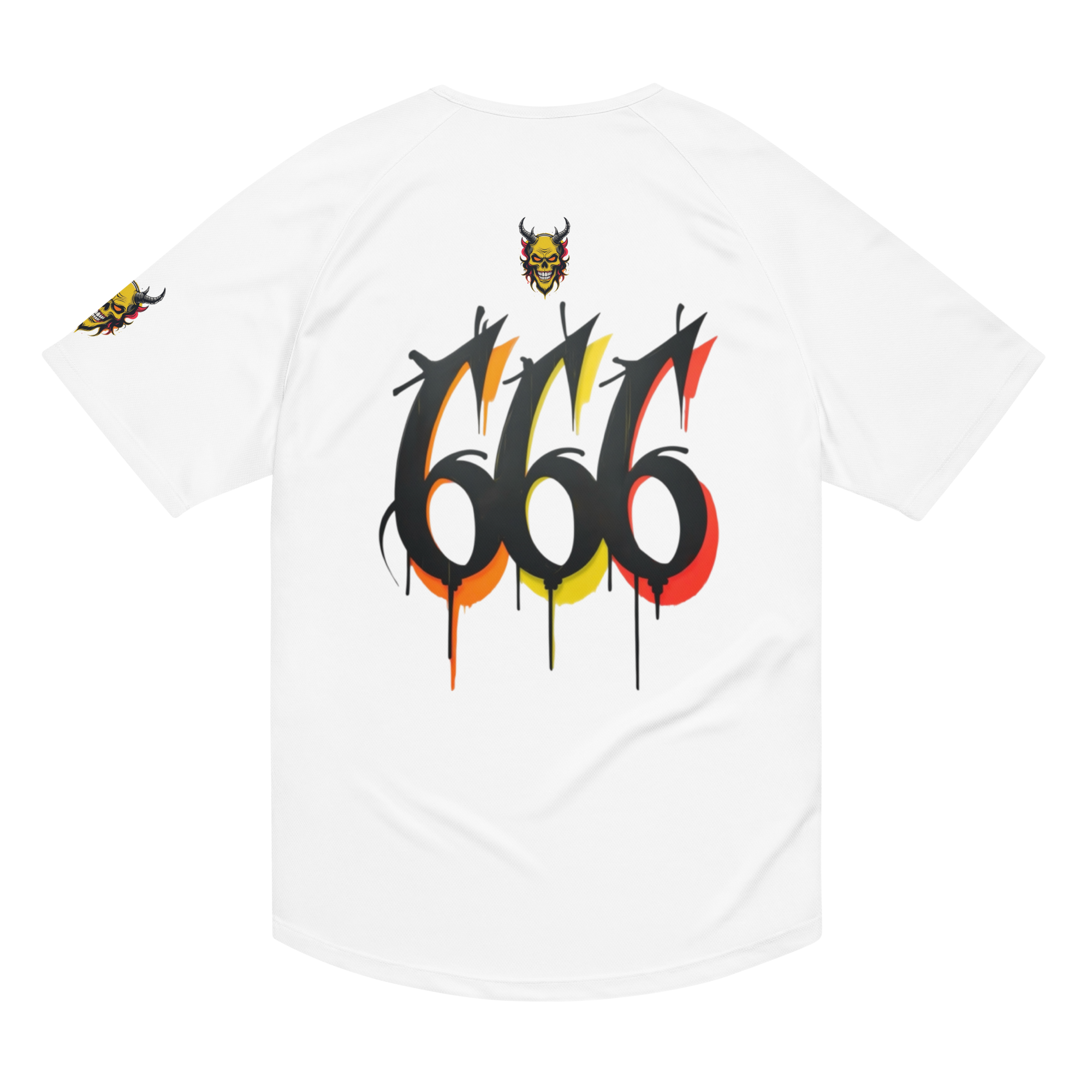 Back view of Devilz Athletics 666 mesh jersey featuring fire devil skull and bold 666 graffiti graphic – hardcore workout design