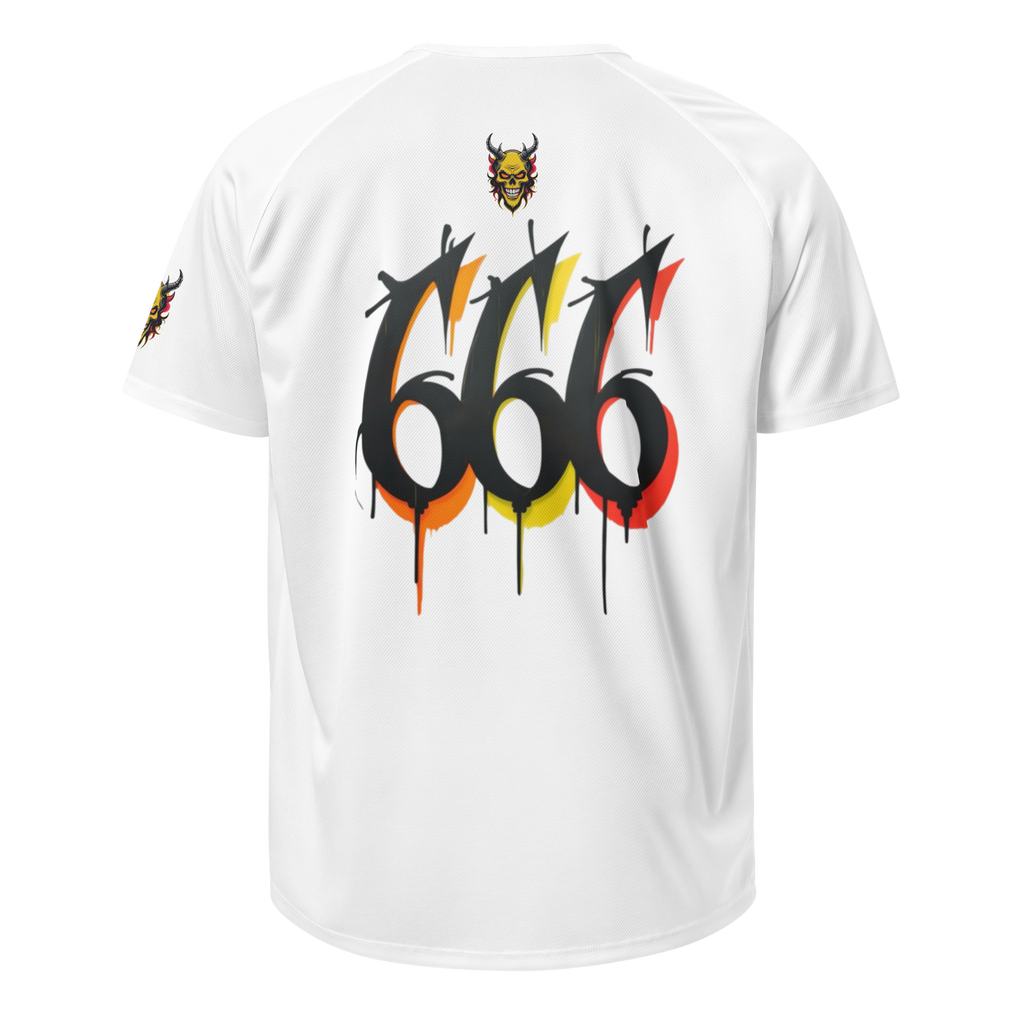 Back view of Devilz Athletics 666 mesh jersey featuring fire devil skull and bold 666 graffiti graphic – hardcore workout design