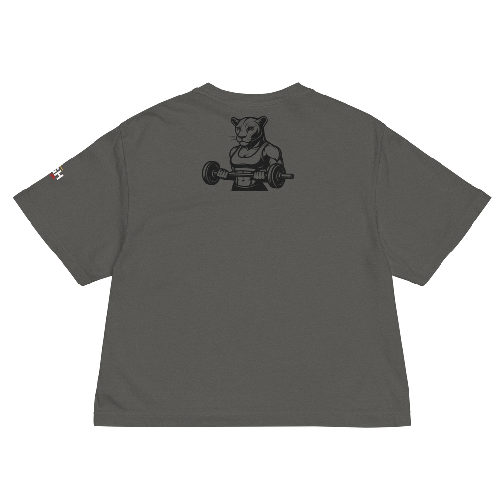 GymQueen women’s boxy shirt in dark grey with bold front logo and colorful street art backprint, styled for gym and urban lifestyle
