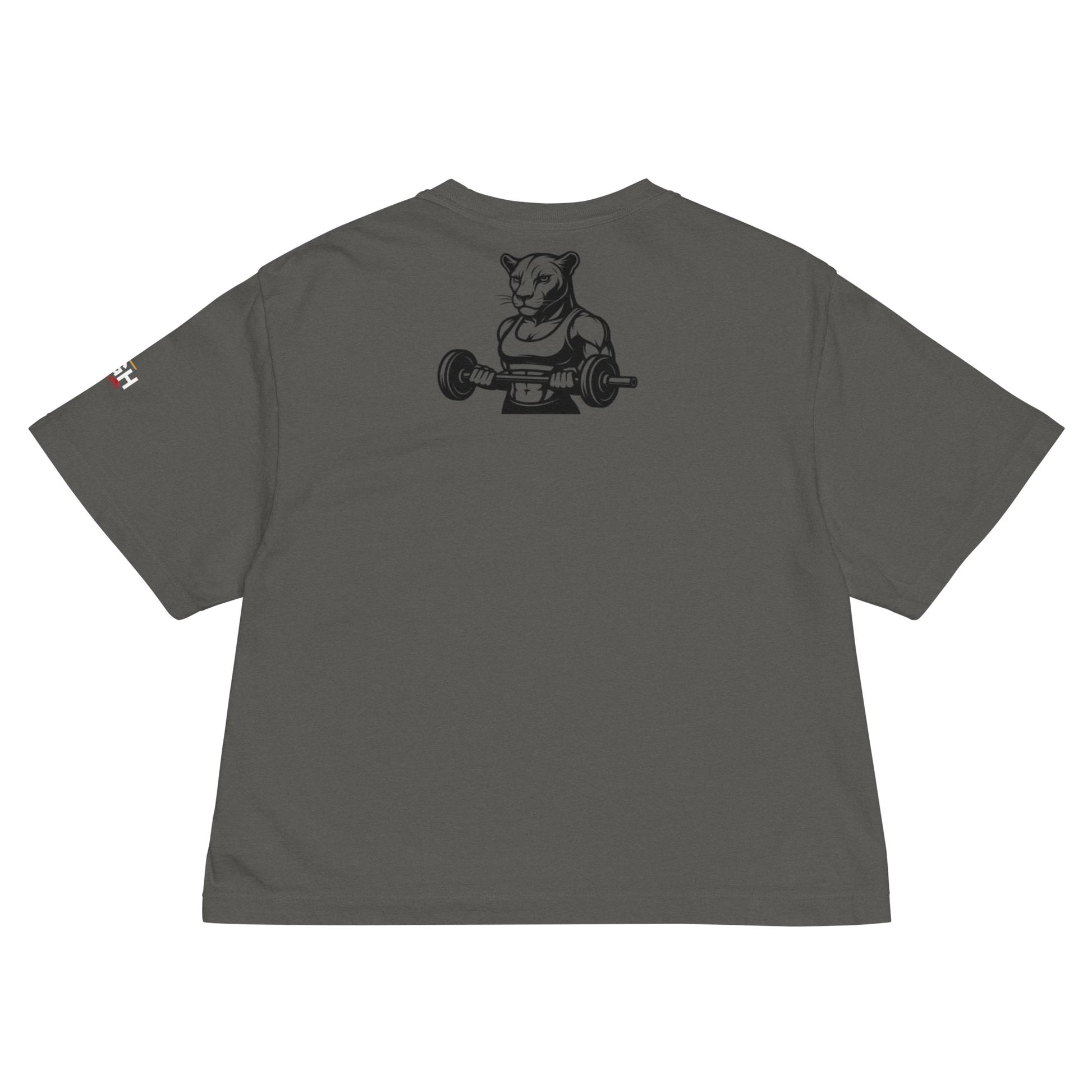 GymQueen women’s boxy shirt in dark grey with bold front logo and colorful street art backprint, styled for gym and urban lifestyle
