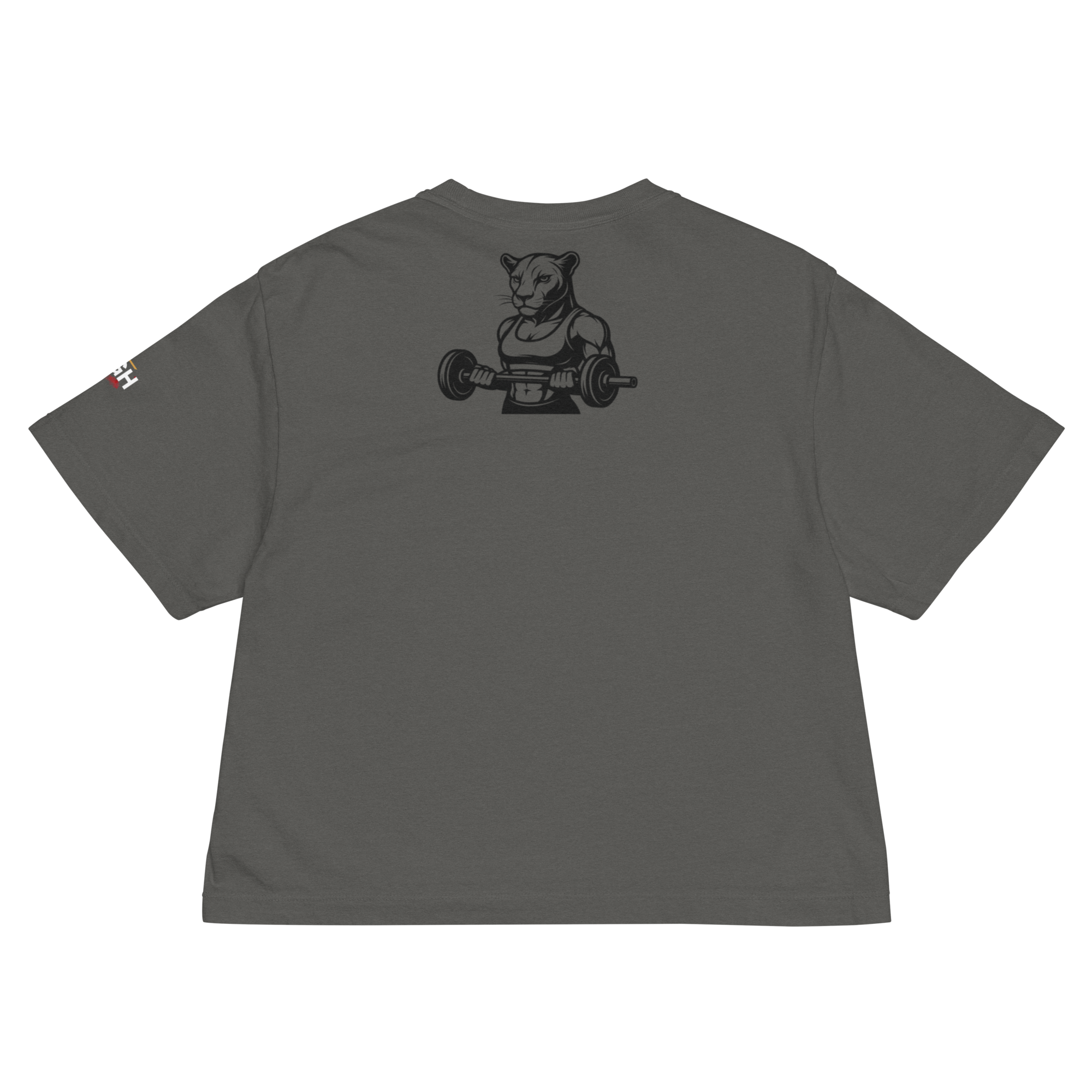 GymQueen women’s boxy shirt in dark grey with bold front logo and colorful street art backprint, styled for gym and urban lifestyle
