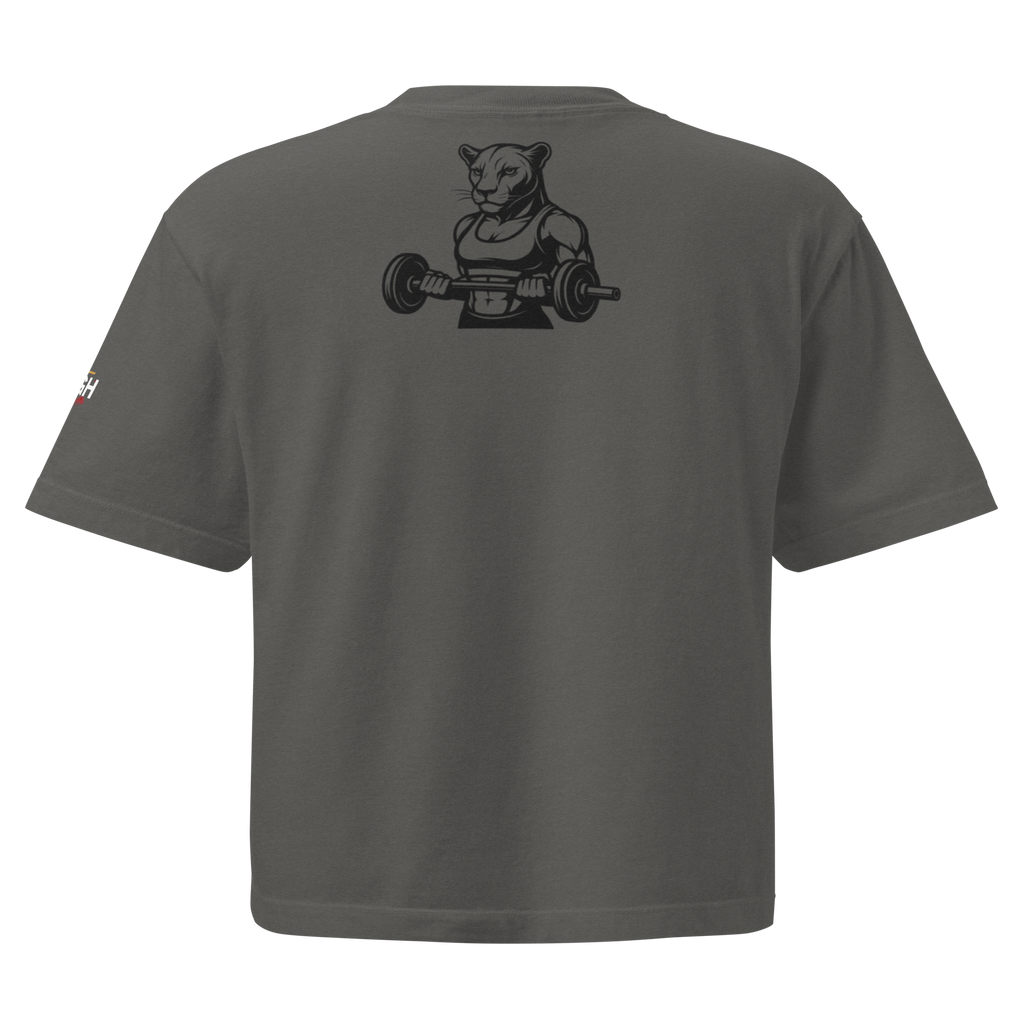 GymQueen women’s boxy shirt in dark grey with bold front logo and colorful street art backprint, styled for gym and urban lifestyle
