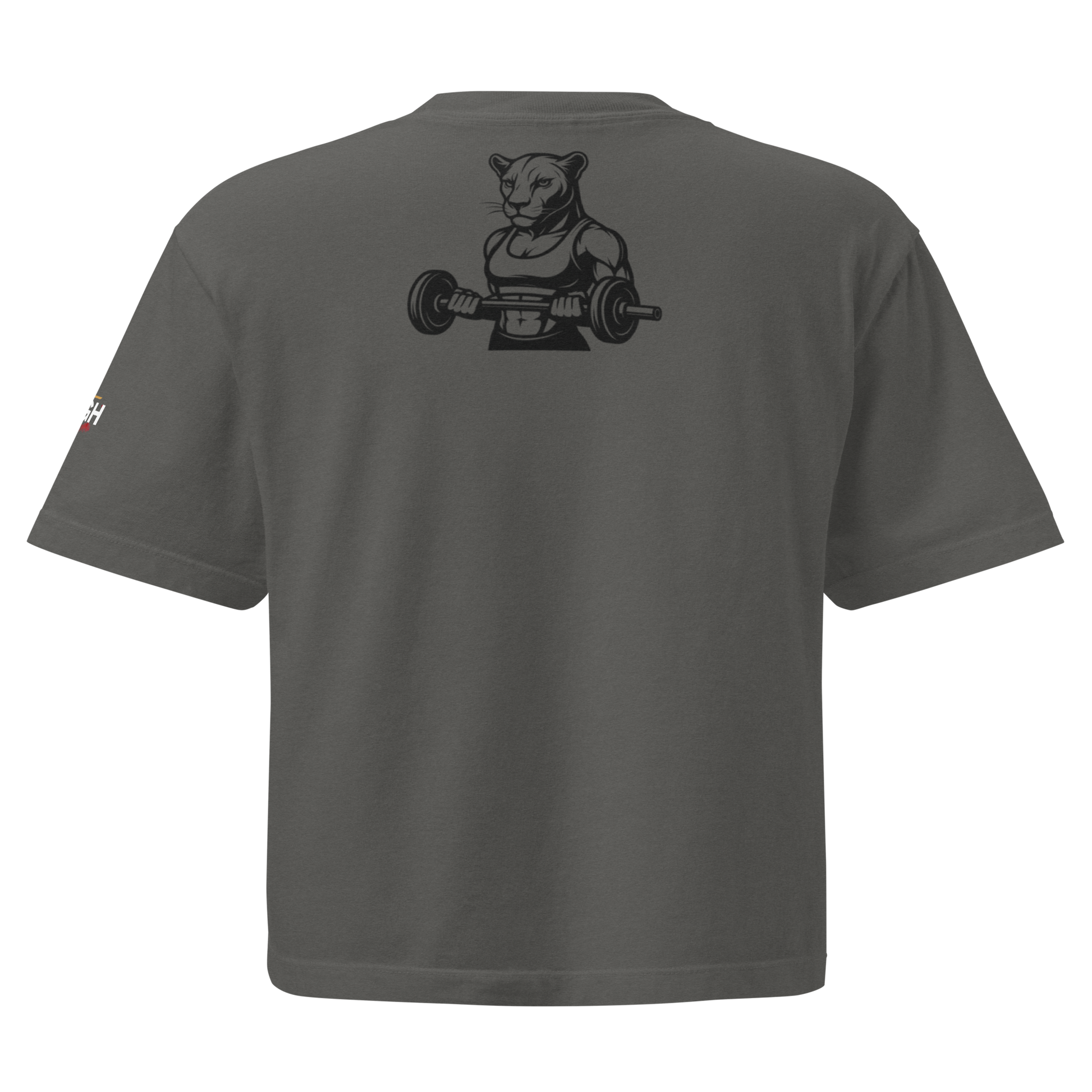 GymQueen women’s boxy shirt in dark grey with bold front logo and colorful street art backprint, styled for gym and urban lifestyle
