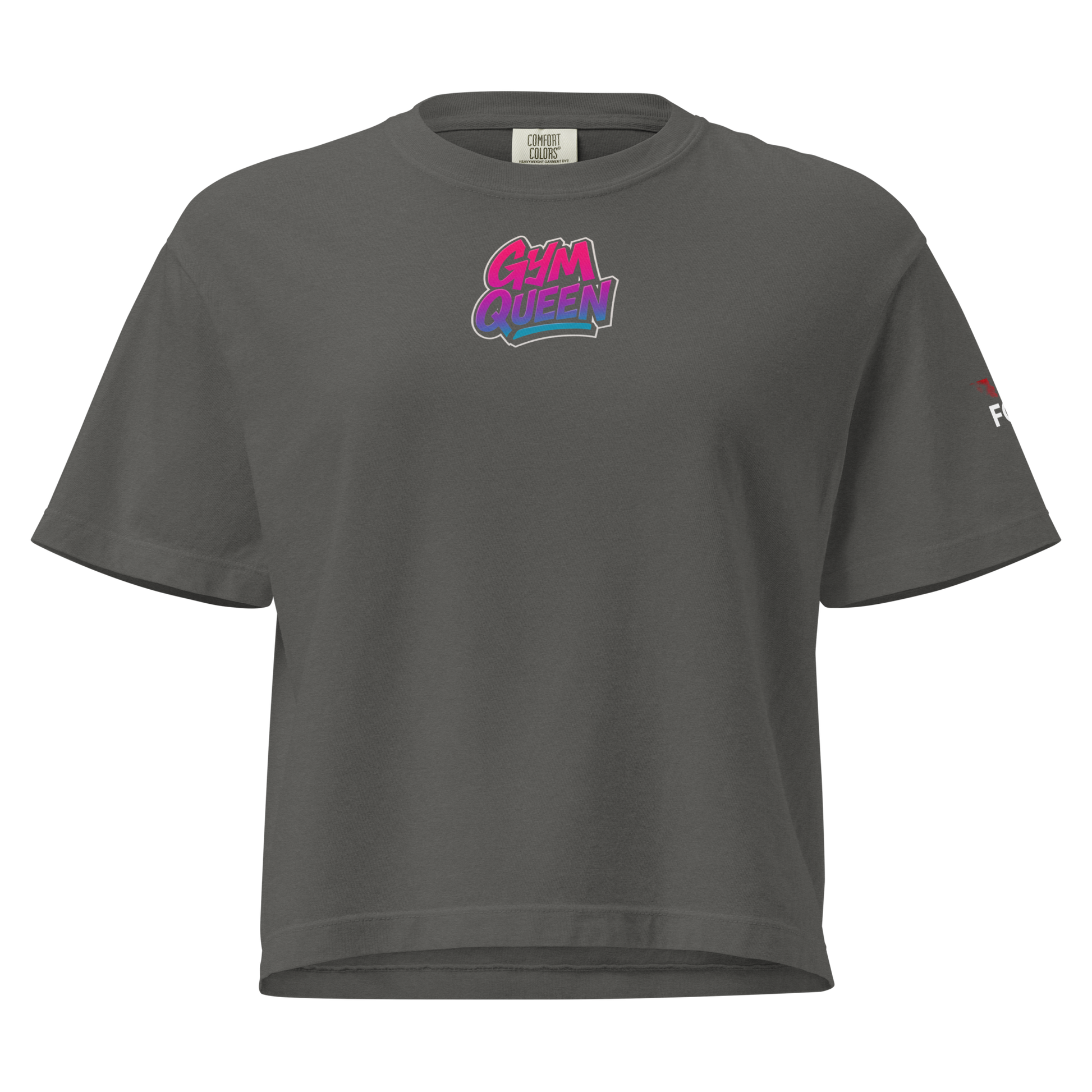 GymQueen women’s boxy shirt in dark grey with bold front logo and colorful street art backprint, styled for gym and urban lifestyle
