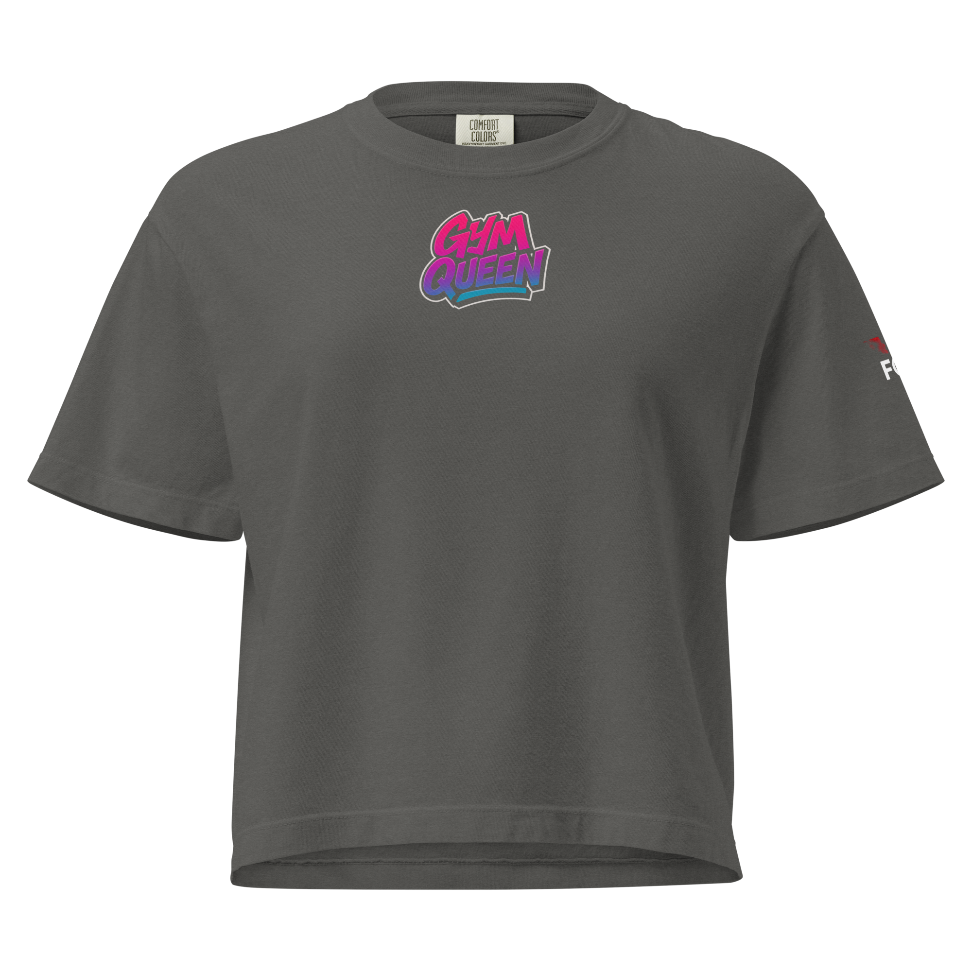 GymQueen women’s boxy shirt in dark grey with bold front logo and colorful street art backprint, styled for gym and urban lifestyle
