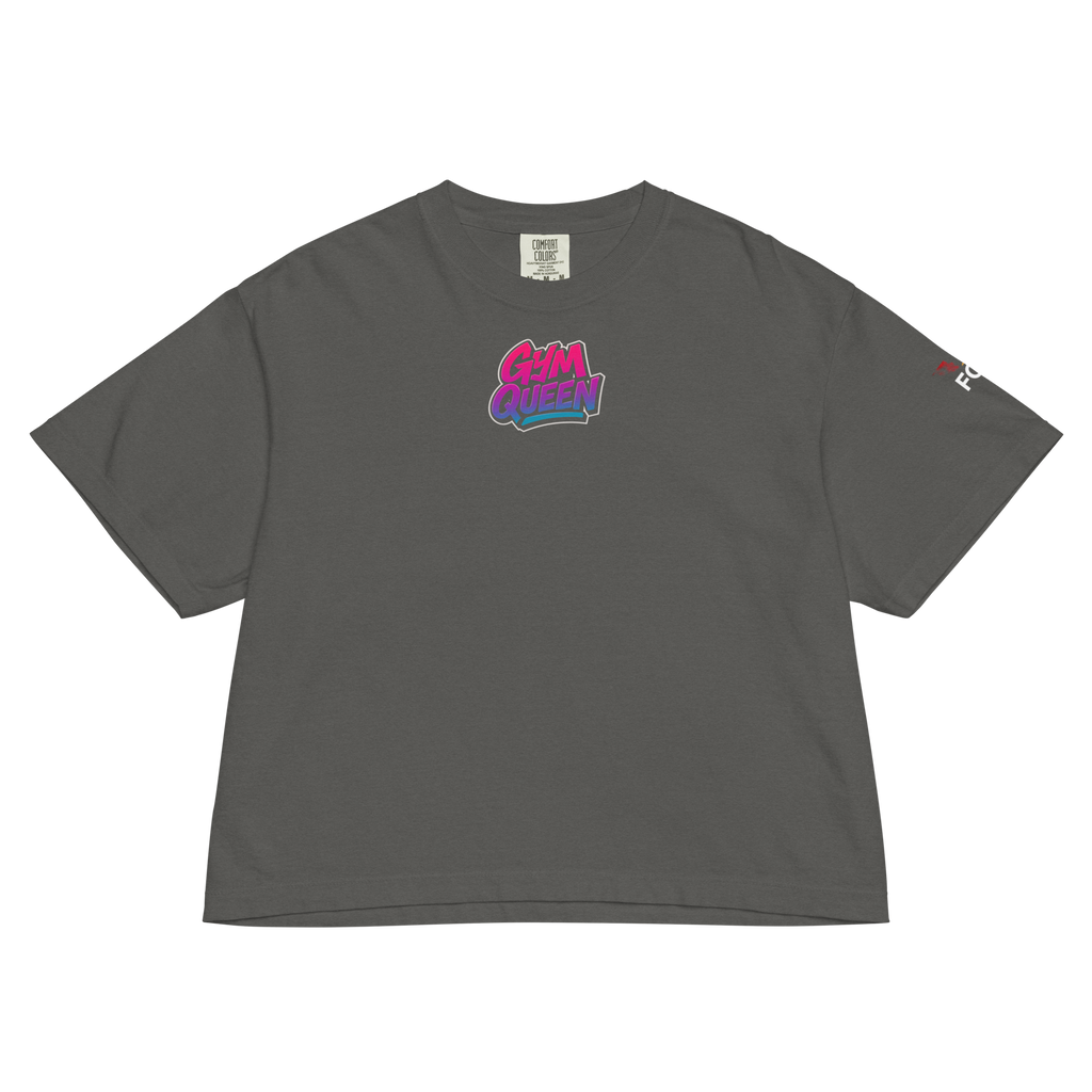 GymQueen women’s boxy shirt in dark grey with bold front logo and colorful street art backprint, styled for gym and urban lifestyle
