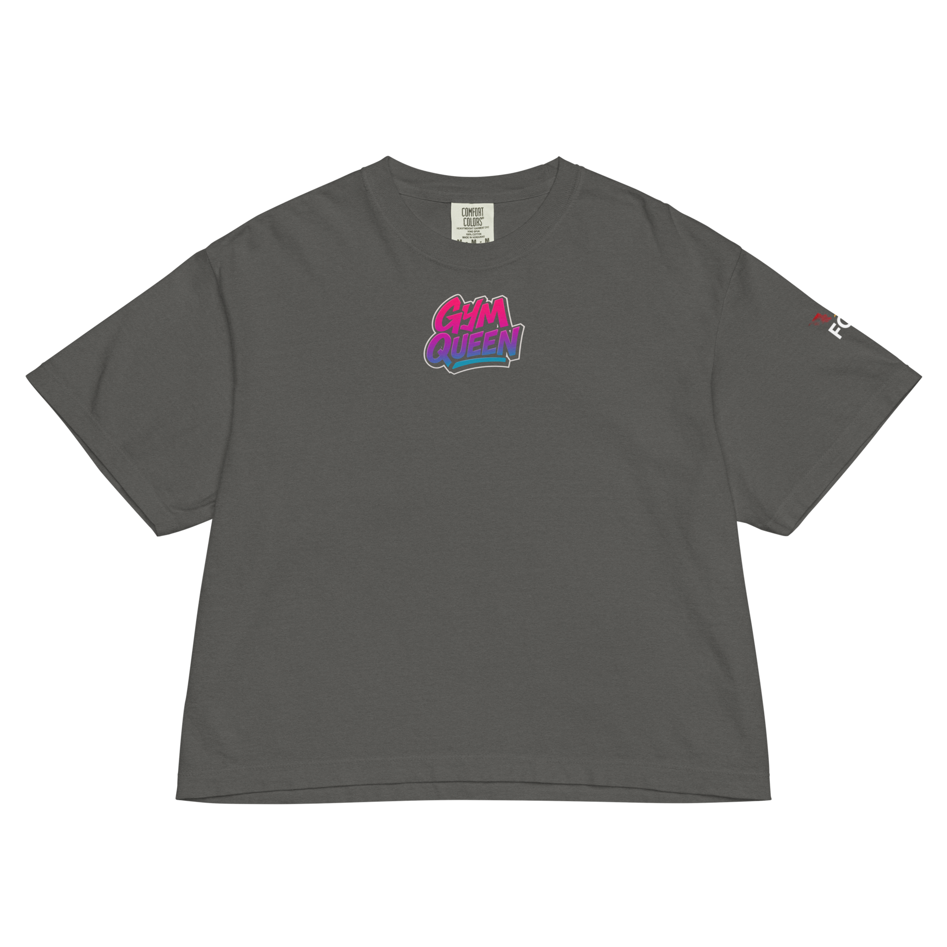 GymQueen women’s boxy shirt in dark grey with bold front logo and colorful street art backprint, styled for gym and urban lifestyle
