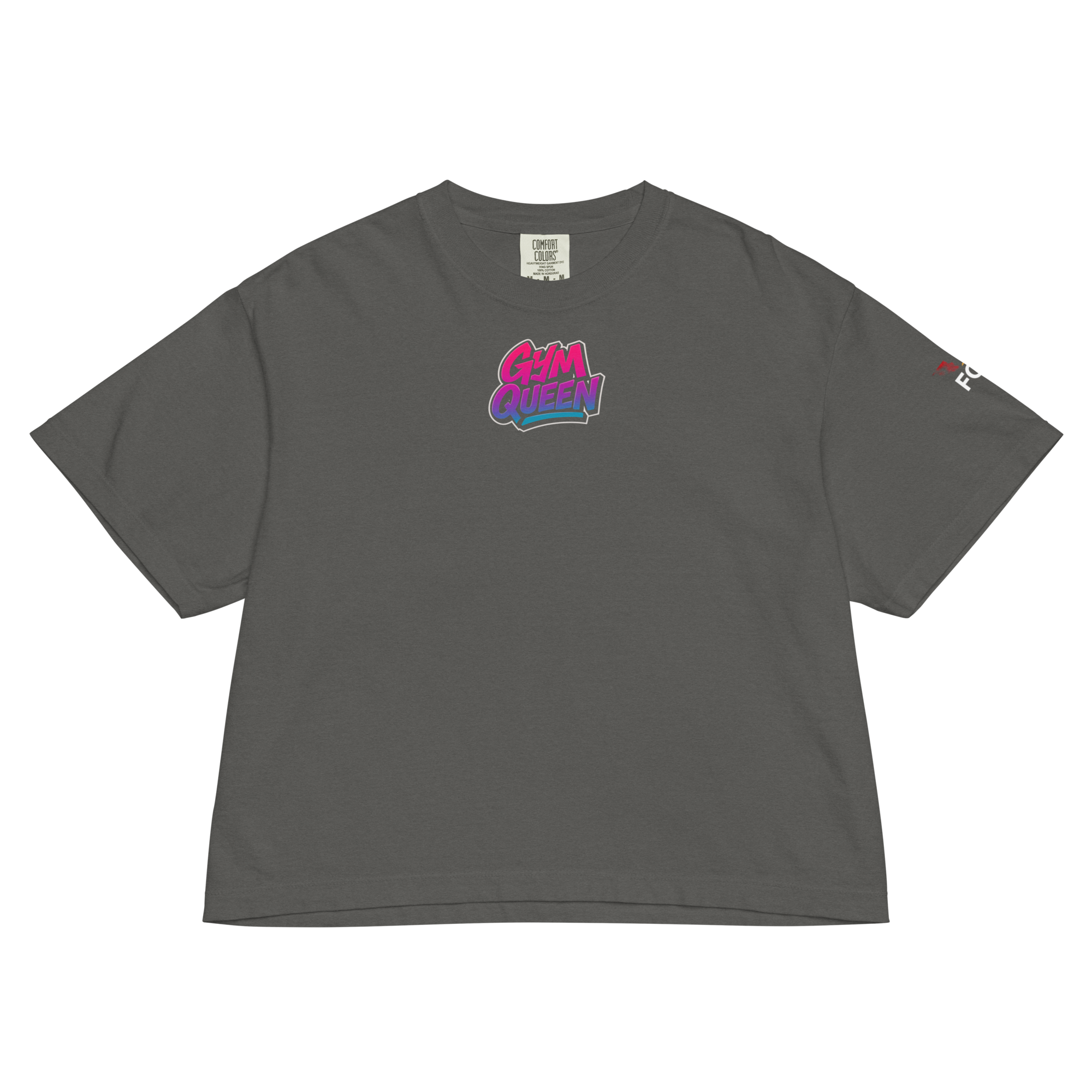 GymQueen women’s boxy shirt in dark grey with bold front logo and colorful street art backprint, styled for gym and urban lifestyle
