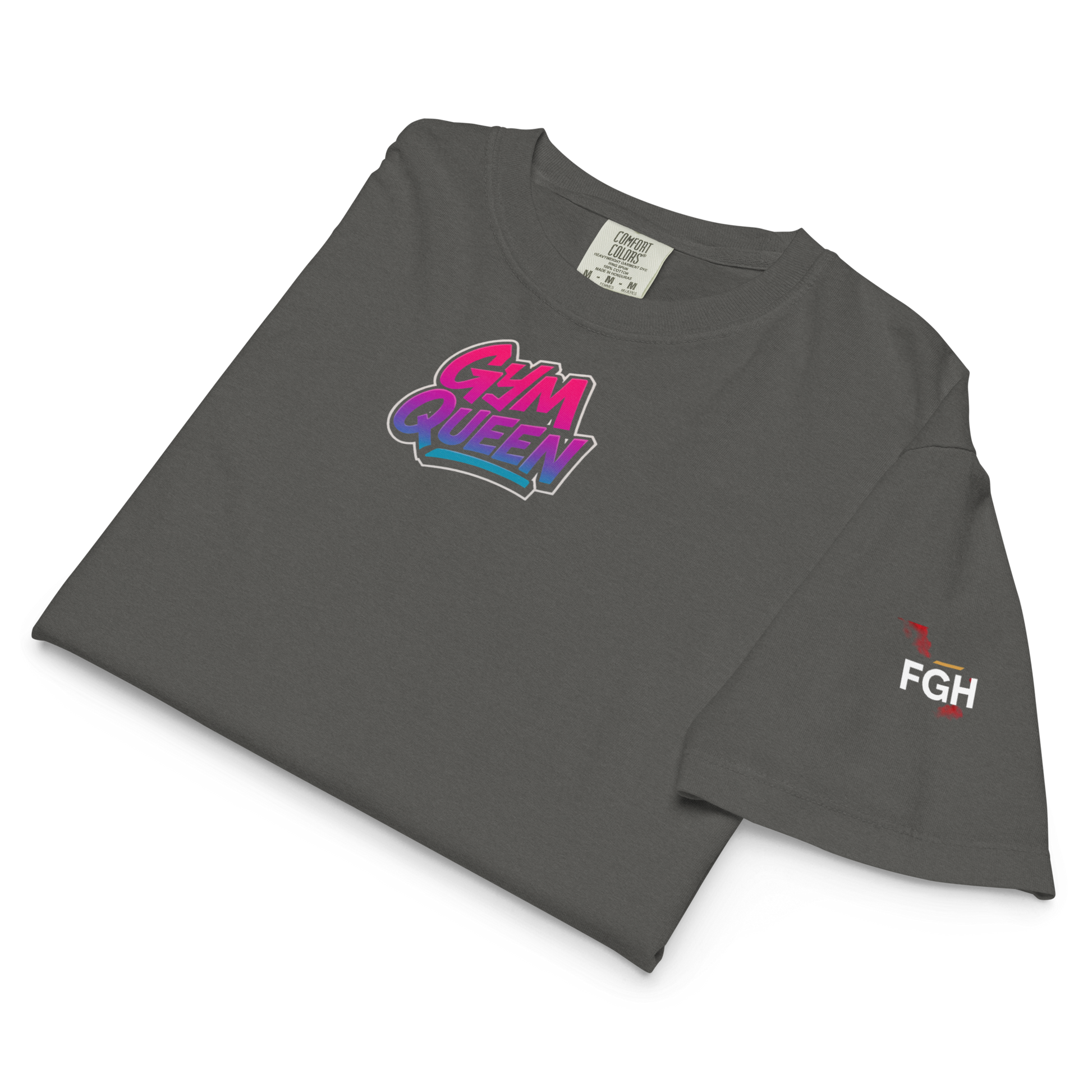 GymQueen women’s boxy shirt in dark grey with bold front logo and colorful street art backprint, styled for gym and urban lifestyle
