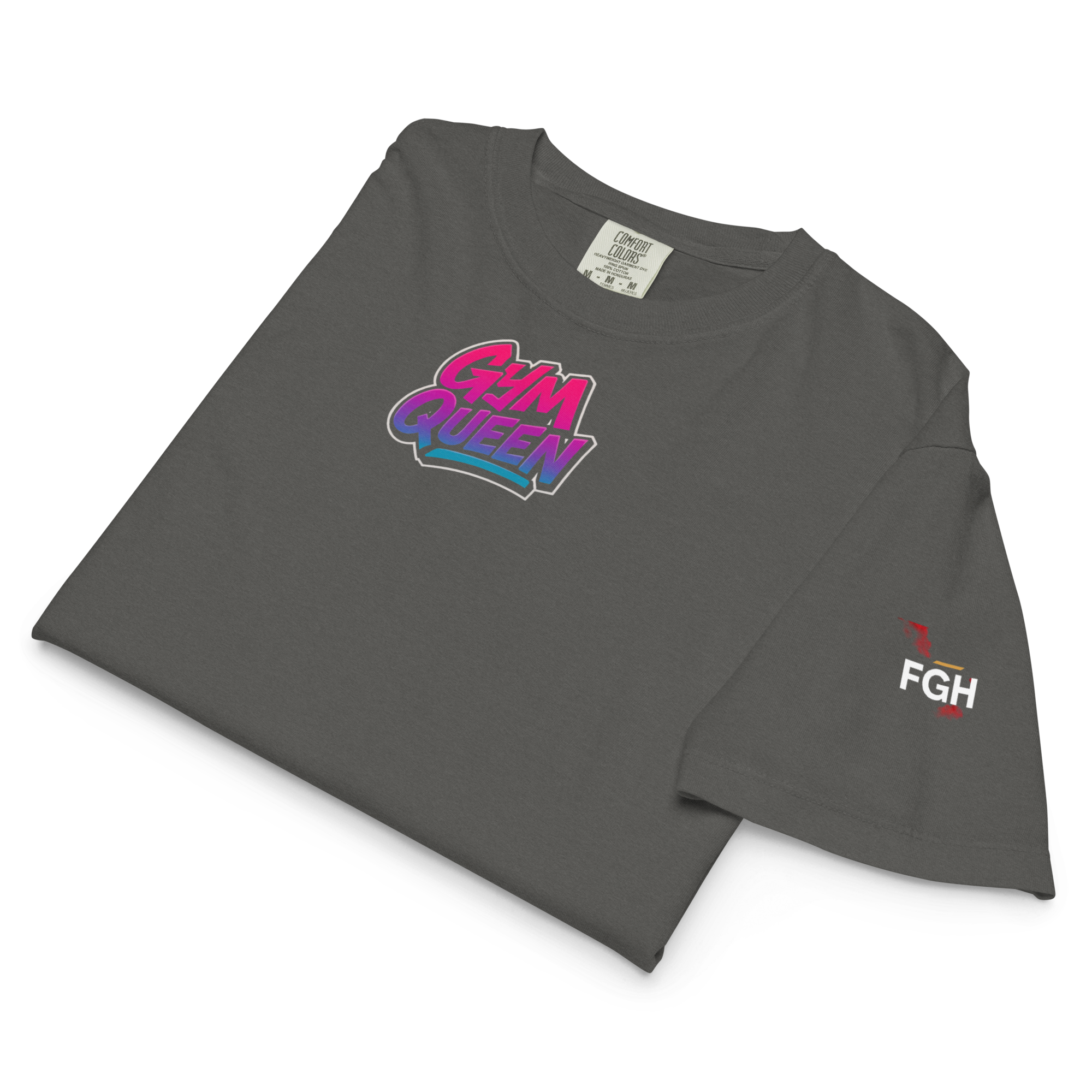 GymQueen women’s boxy shirt in dark grey with bold front logo and colorful street art backprint, styled for gym and urban lifestyle
